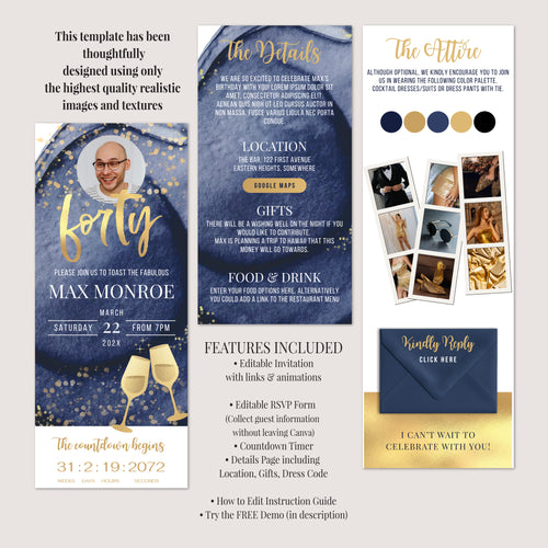 40th Birthday Phone Invitation with RSVP + Countdown Timer: Golden Luxe Blue