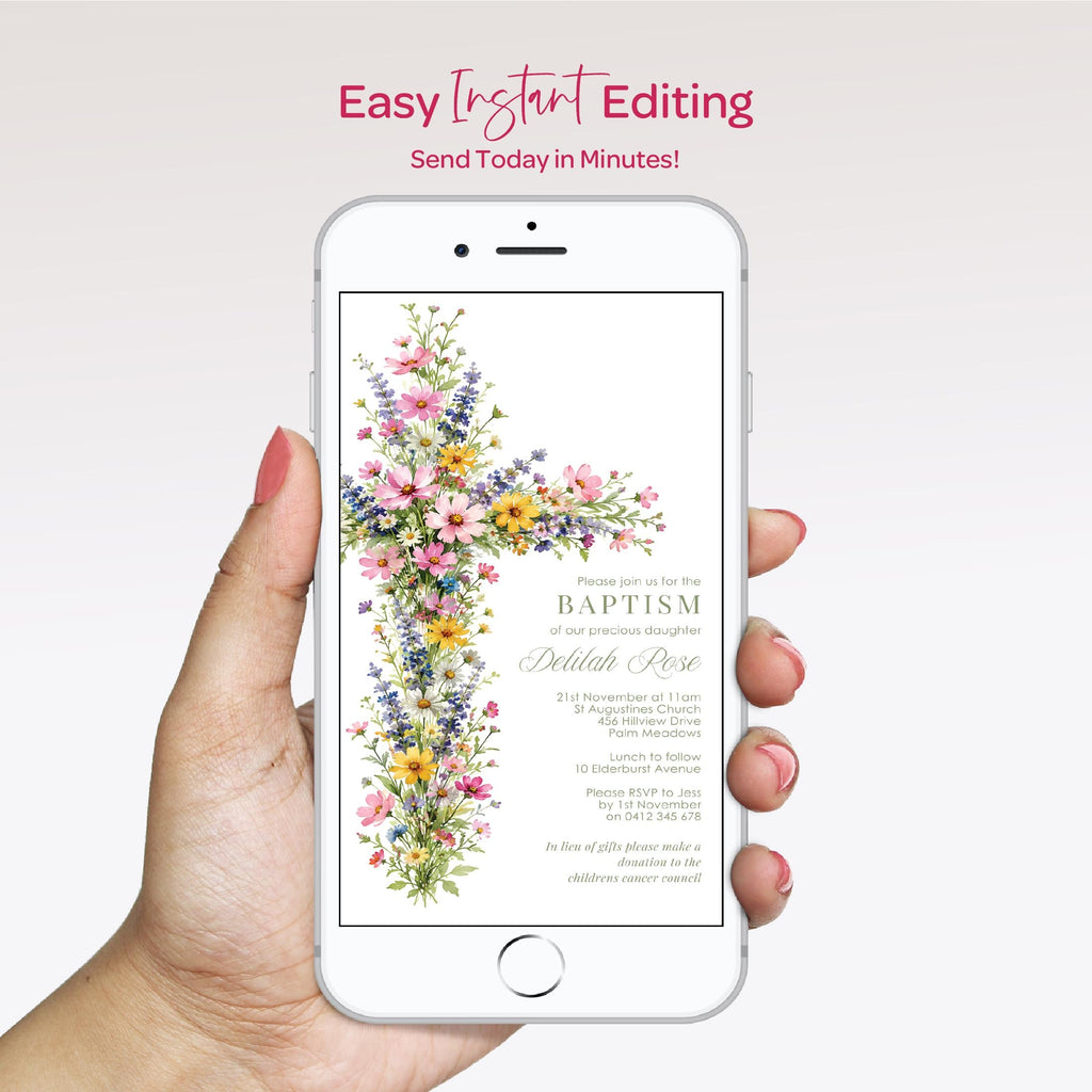 A hand holding a smartphone displaying a colorful floral cross design with text related to a Baptism event.