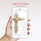 A hand holding a smartphone displaying a colorful floral cross design with text related to a Baptism event.