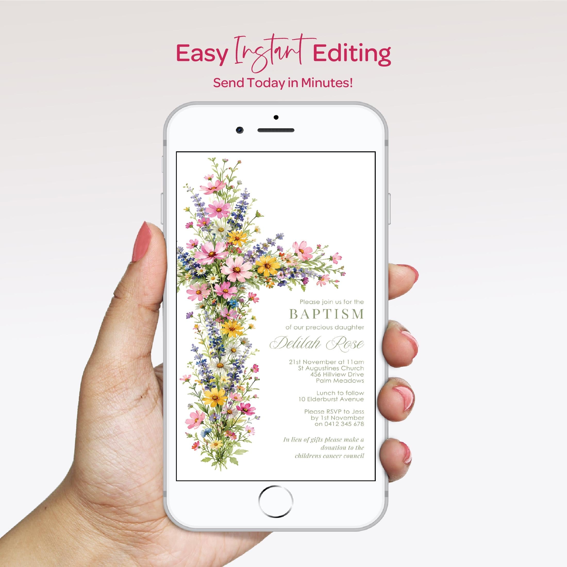 A hand holding a smartphone displaying a colorful floral cross design with text related to a Baptism event.