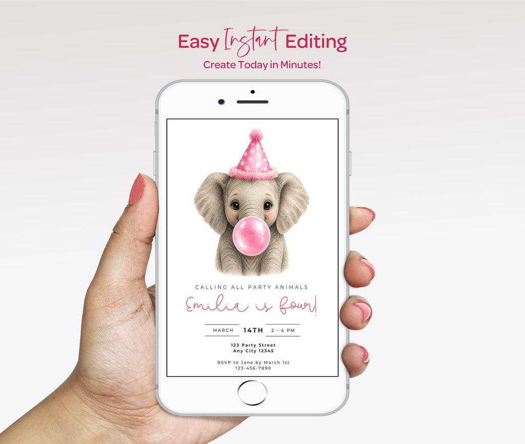 Baby Elephant Blowing Bubbles - Pink Kids Party Animals Invitation