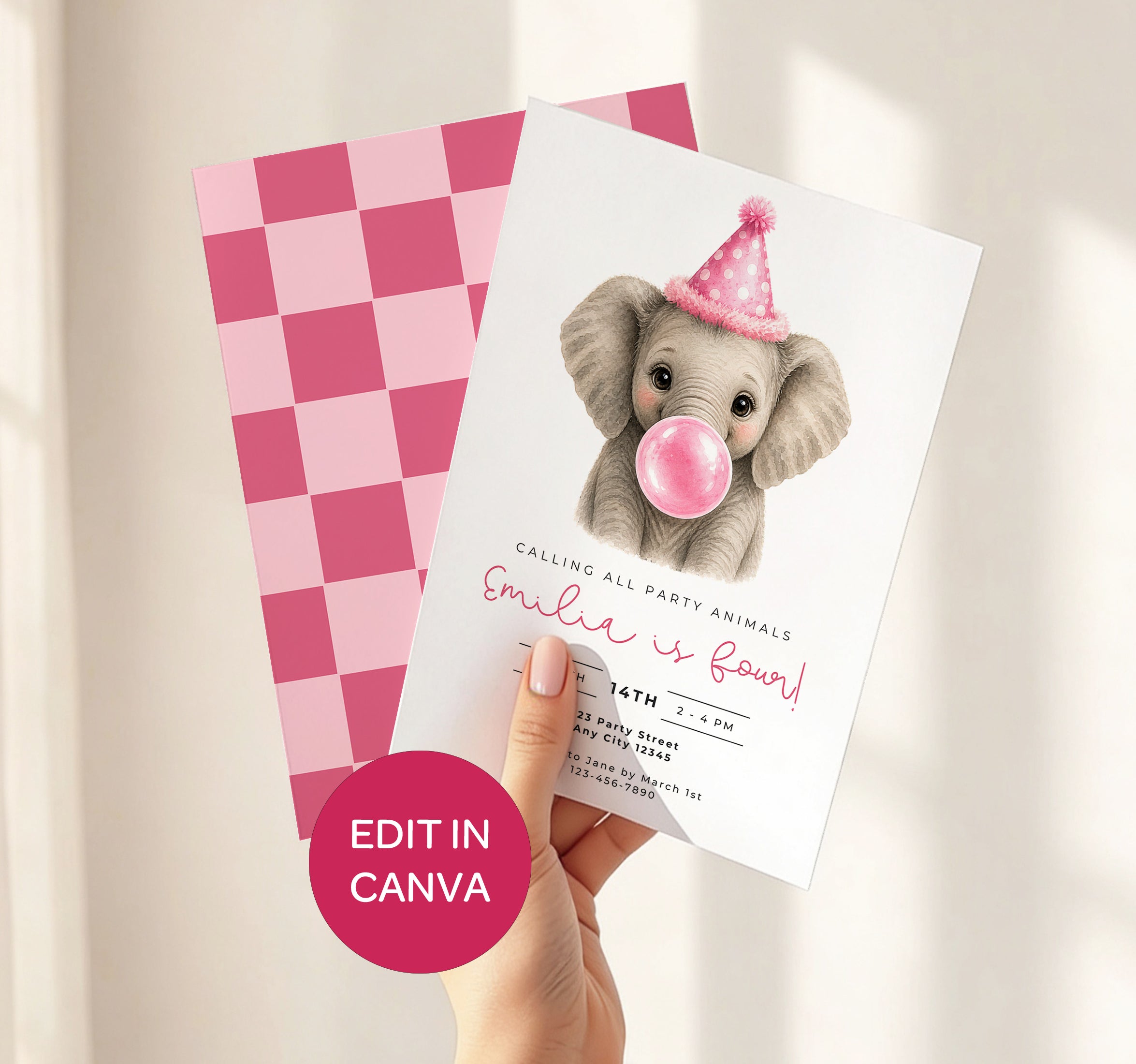 Baby Elephant Blowing Bubbles - Pink Kids Party Animals Invitation