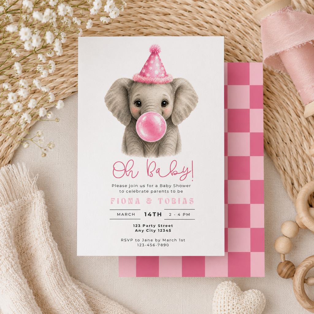 Baby shower invitation with an elephant wearing a pink party hat and blowing a pink bubble, surrounded by decorative items.