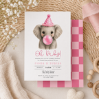 Baby shower invitation with an elephant wearing a pink party hat and blowing a pink bubble, surrounded by decorative items.