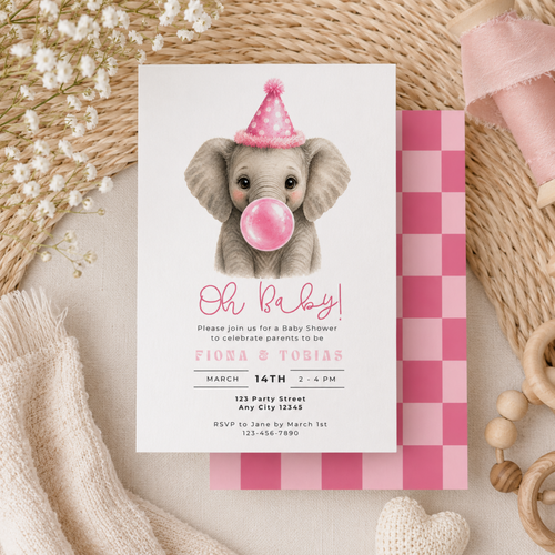 Baby shower invitation with an elephant wearing a pink party hat and blowing a pink bubble, surrounded by decorative items.