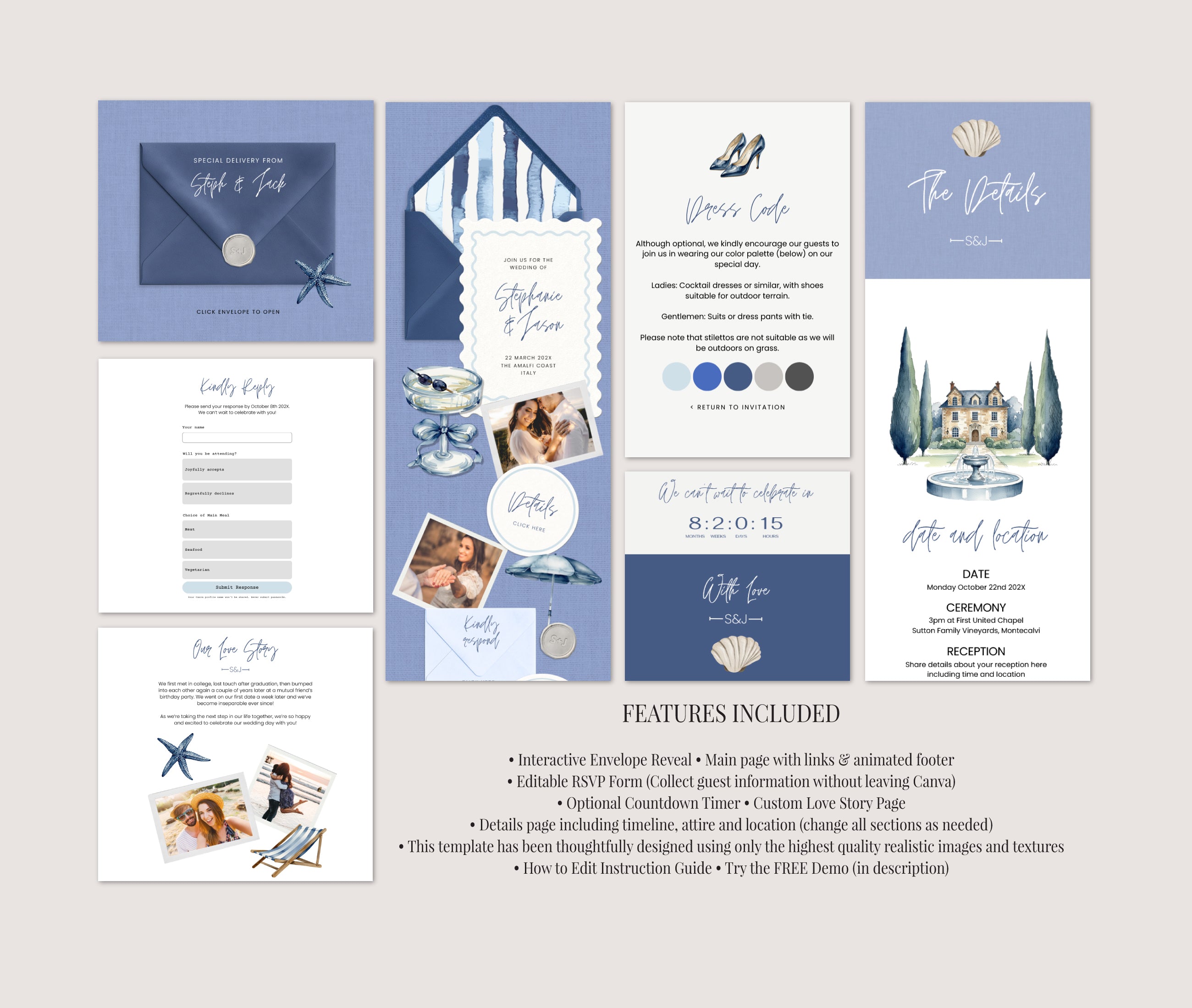 Modern Blue Beach Wedding Website with RSVP