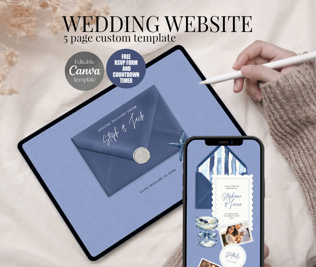 Modern Blue Beach Wedding Website with RSVP