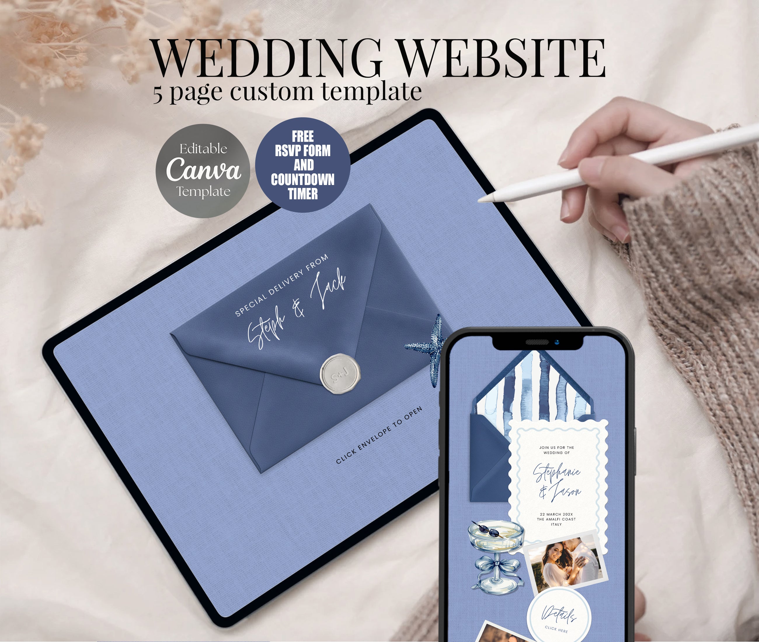 Modern Blue Beach Wedding Website with RSVP