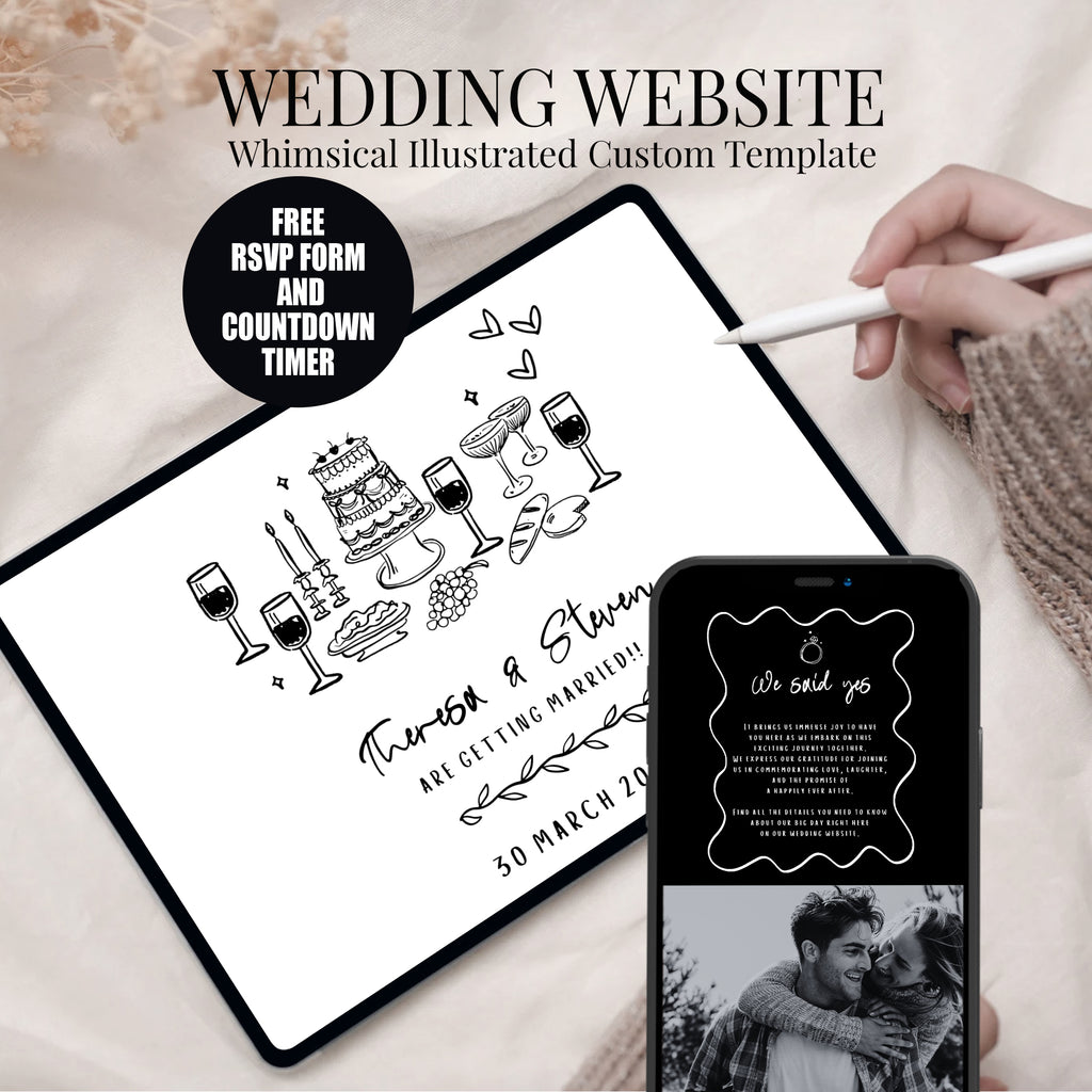 Whimsical Wedding Website with RSVP + Countdown Timer: Black and White