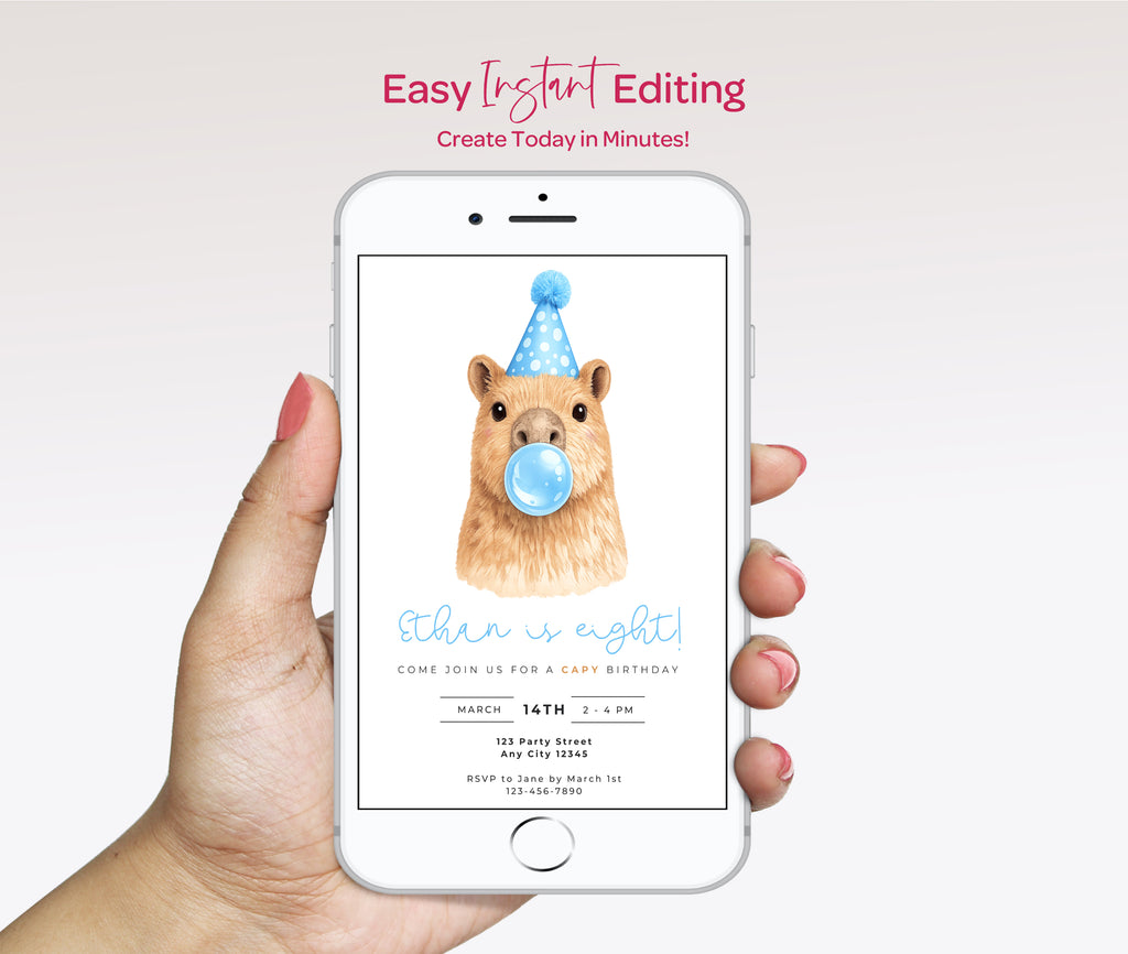 Capybara Birthday Invitations: Capy Blowing Bubbles - Blue