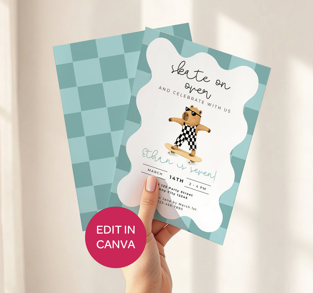 Capybara Skateboarding Invitation - Boys Retro