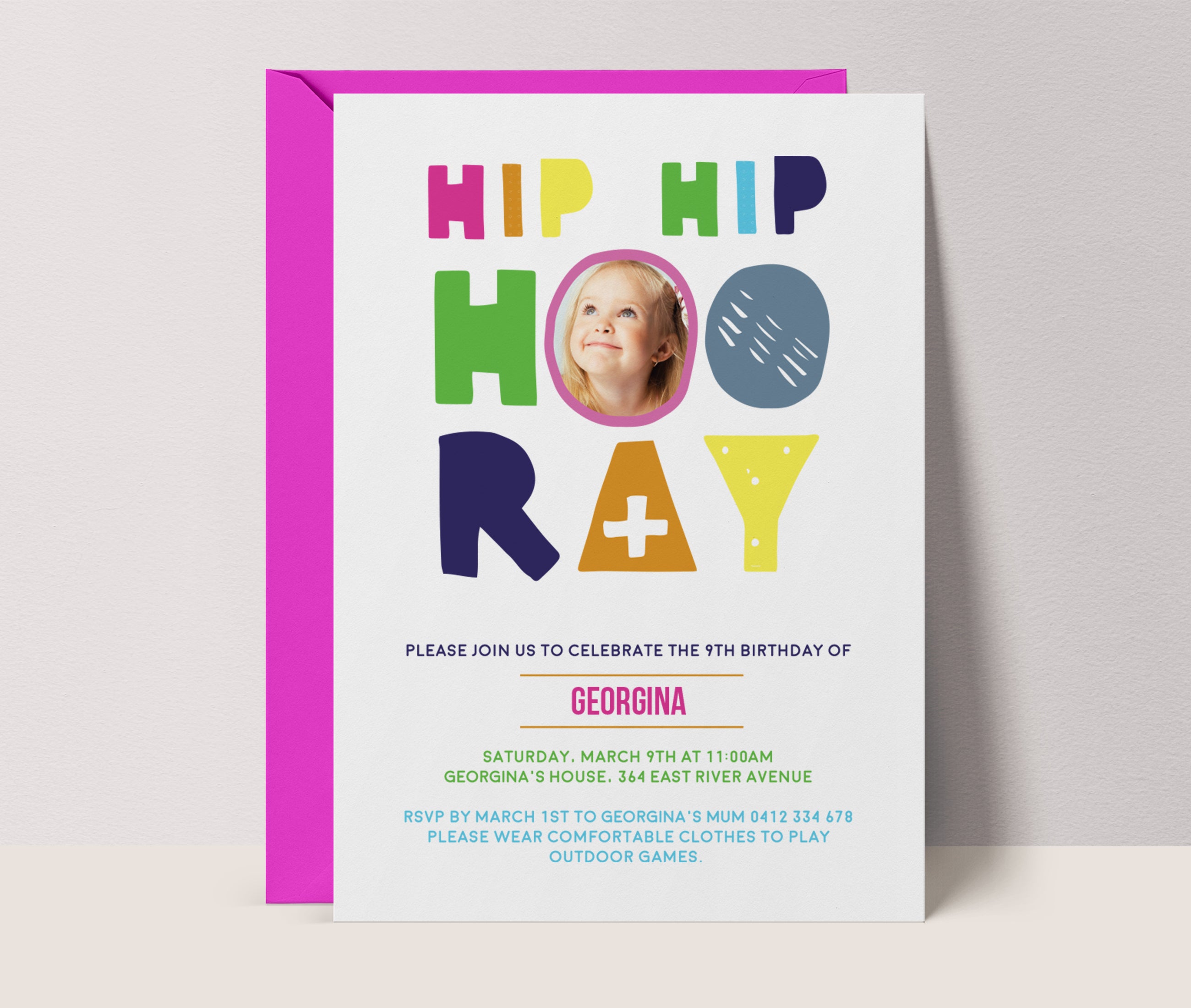Bright Kids Birthday Invitation with Photo: Colorful Hip Hip Hooray