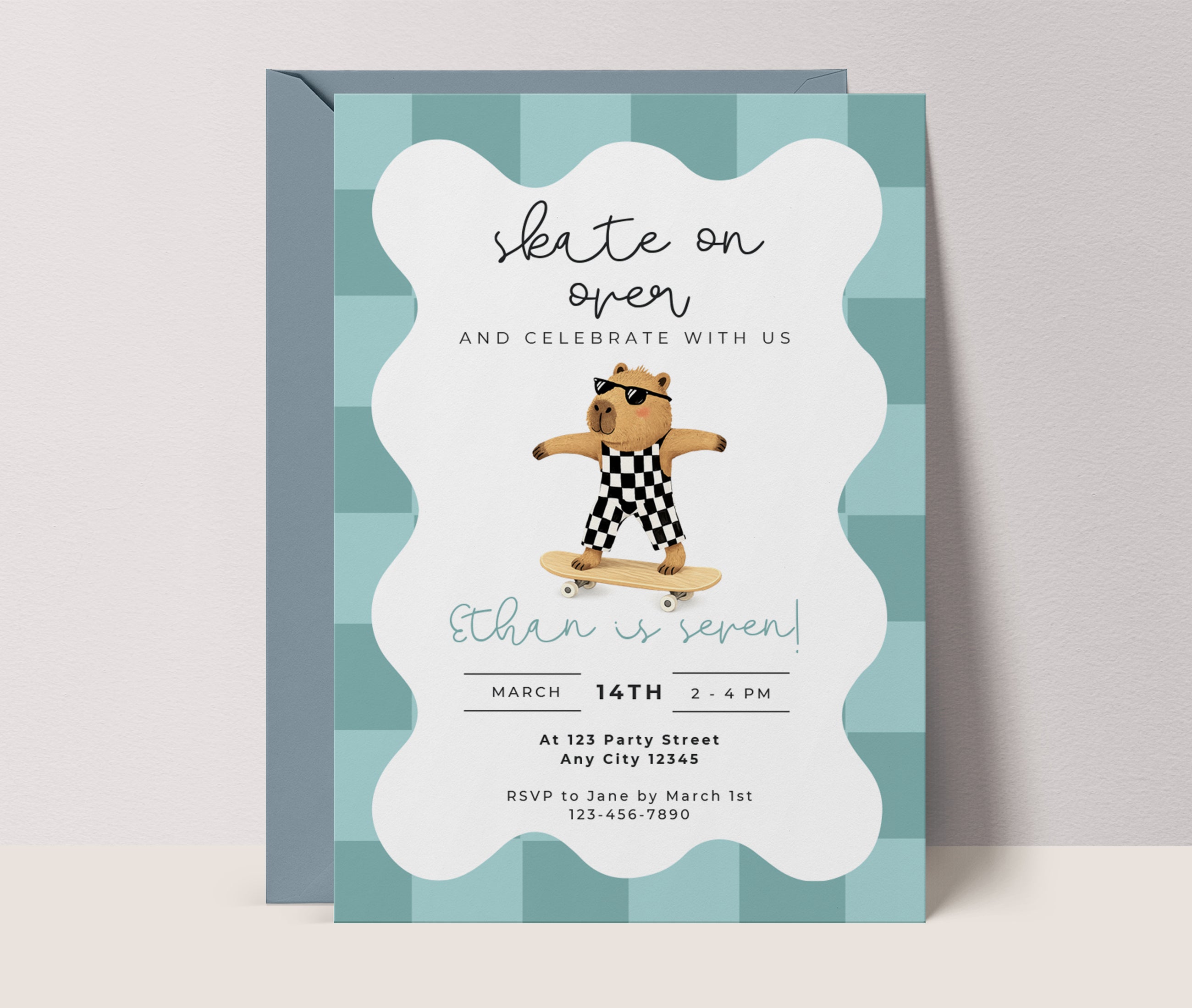 Capybara Skateboarding Invitation - Boys Retro