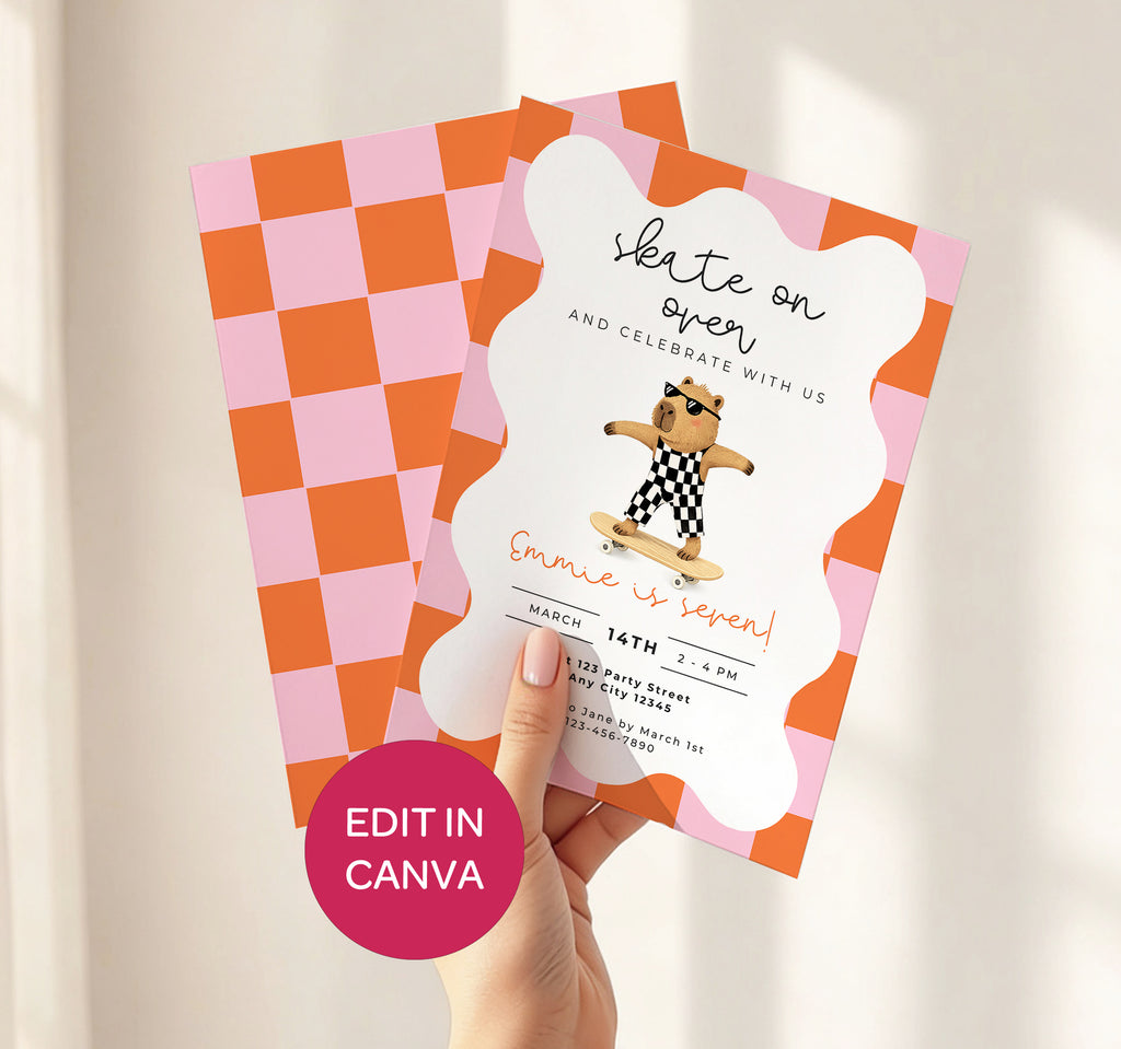 Capybara Skateboarding Invitation - Girls Retro
