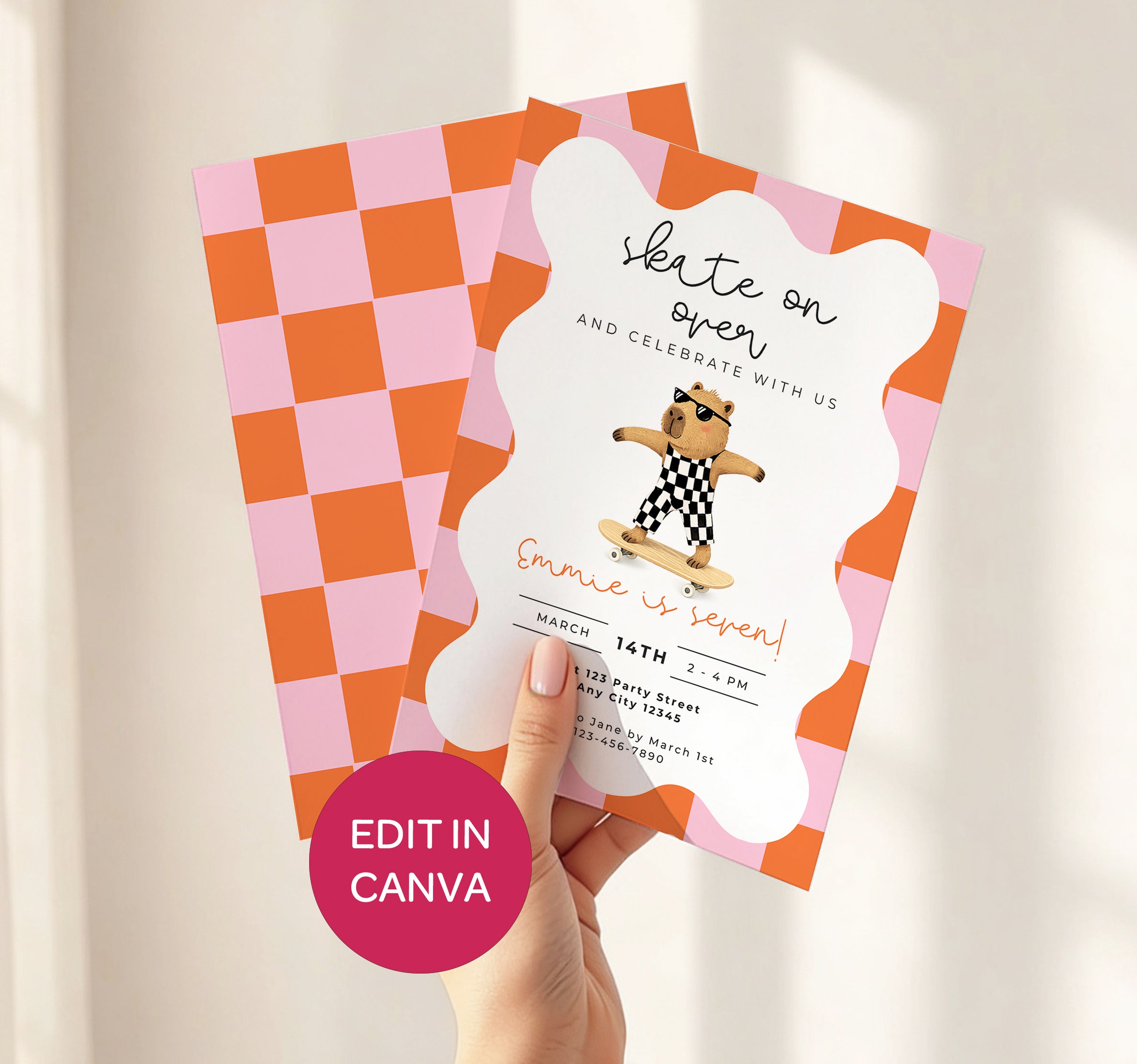 Capybara Skateboarding Invitation - Girls Retro