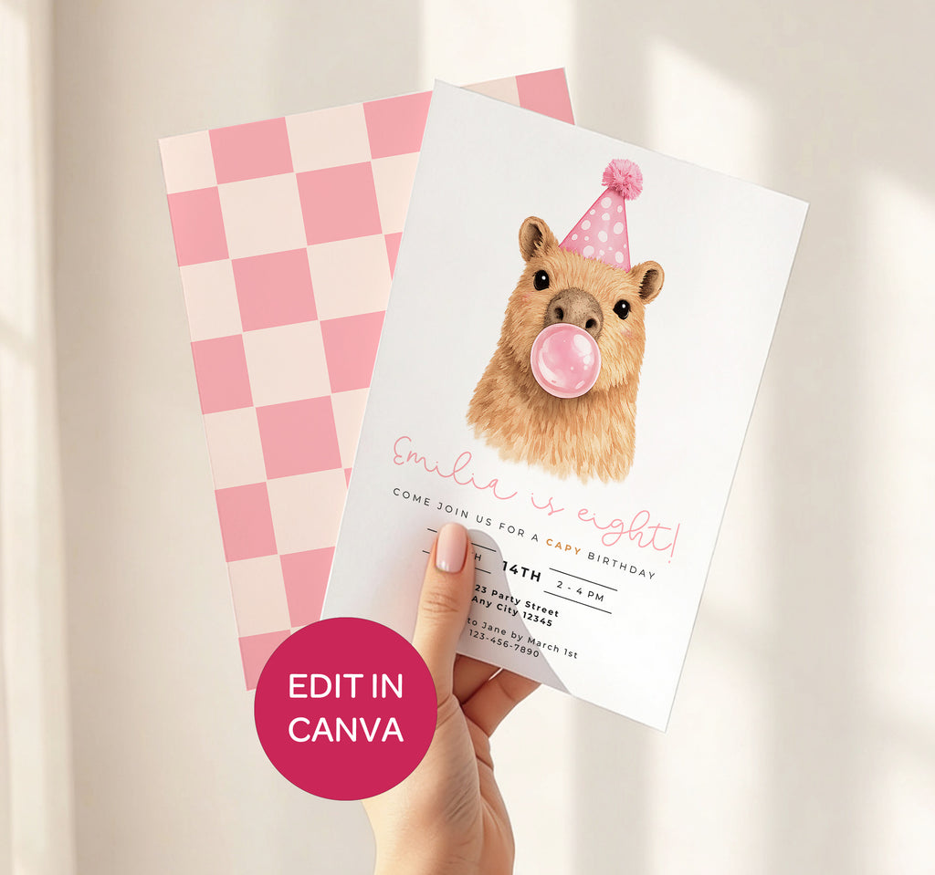 Capybara Birthday Invitations: Capy Blowing Bubbles - Pink