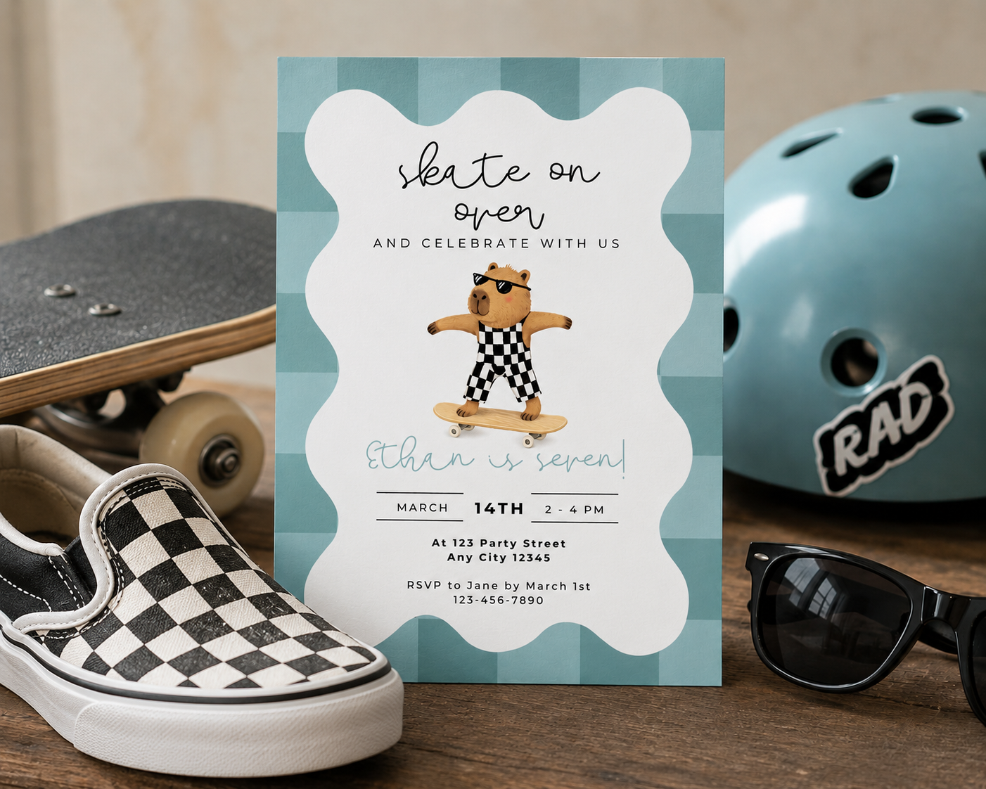 Capybara Skateboarding Invitation - Boys Retro