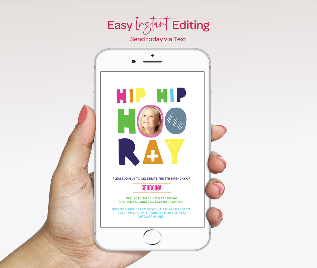 Bright Kids Birthday Invitation with Photo: Colorful Hip Hip Hooray