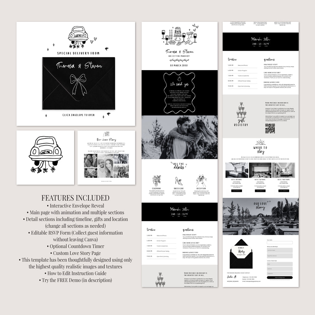Whimsical Wedding Website with RSVP + Countdown Timer: Black and White