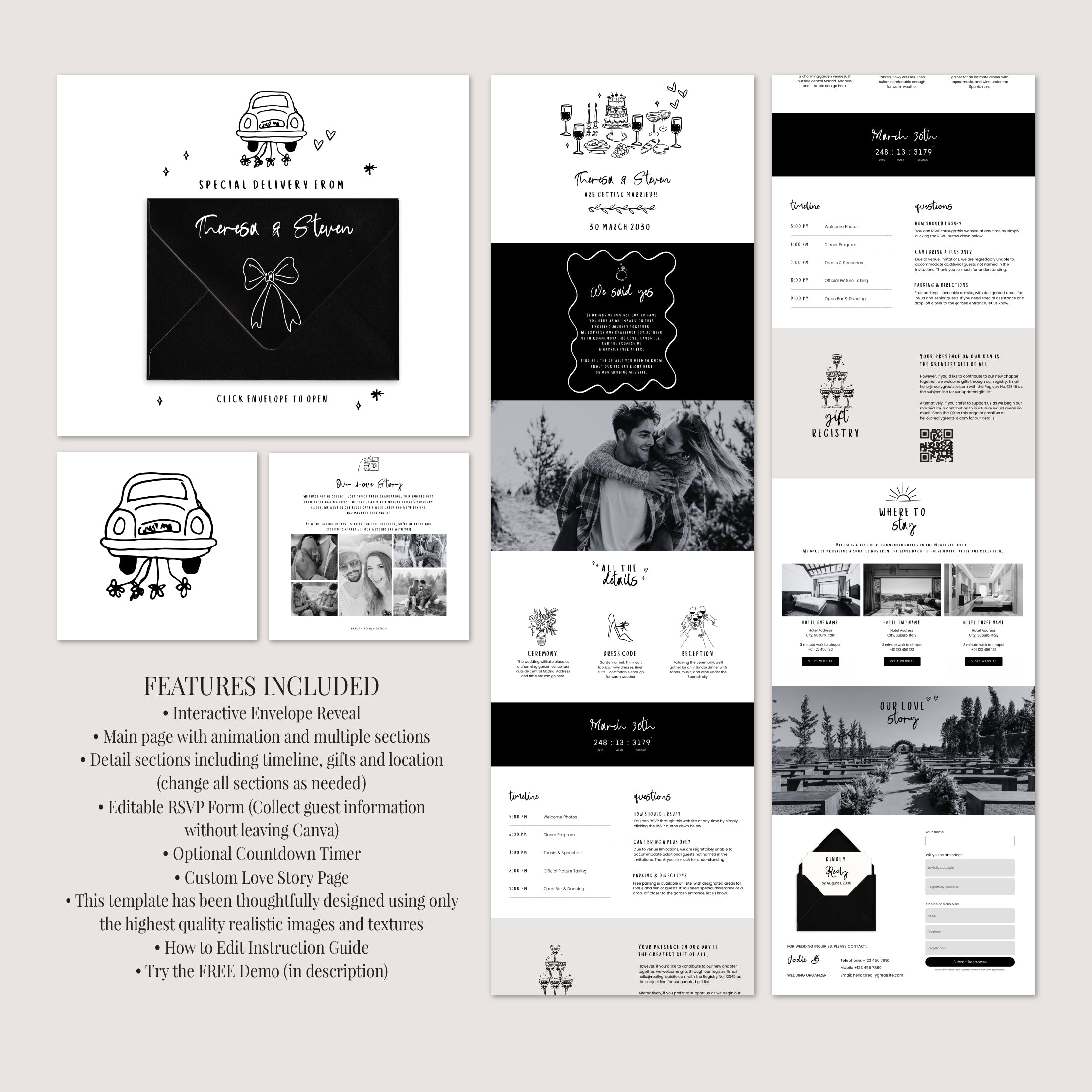 Whimsical Wedding Website with RSVP + Countdown Timer: Black and White
