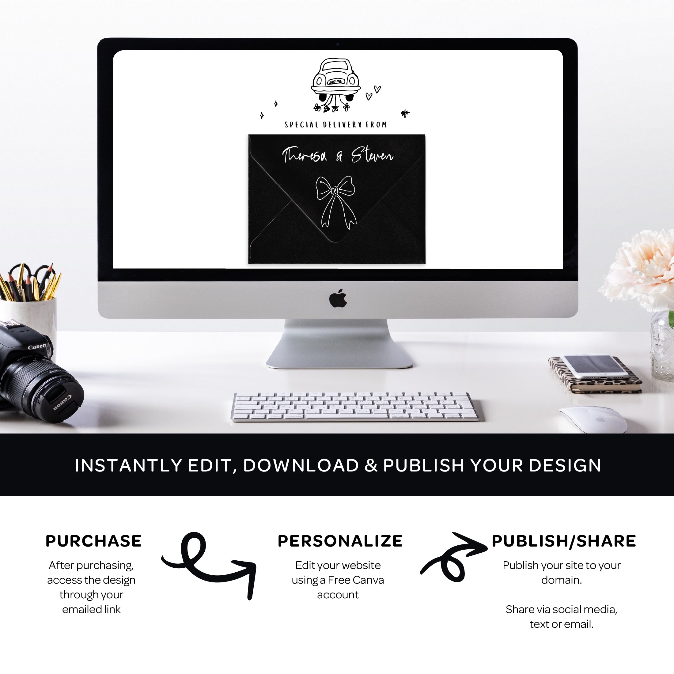 Whimsical Wedding Website with RSVP + Countdown Timer: Black and White