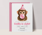 Kids Party Invitations: Baby Monkey Blowing Bubbles - Pink
