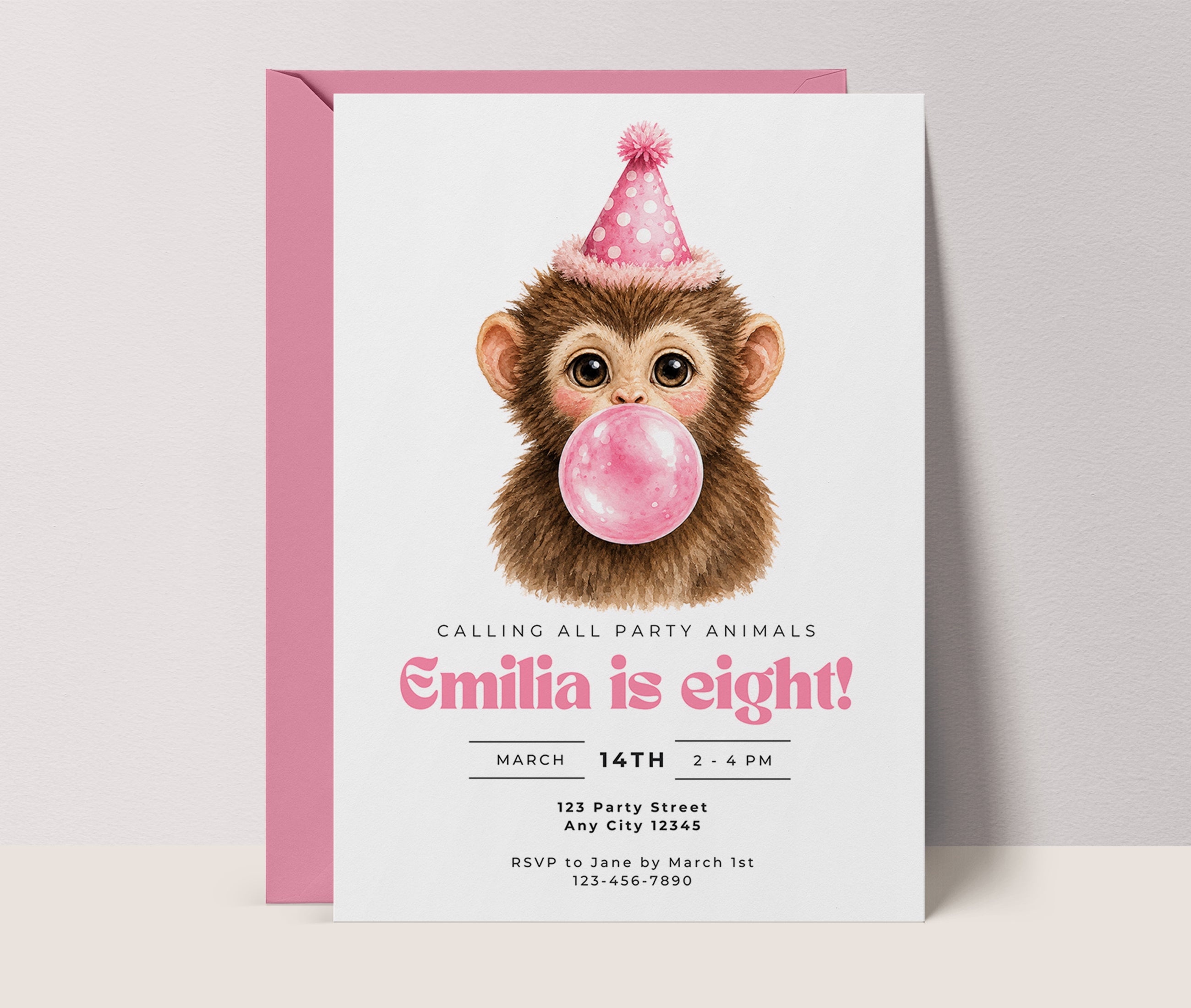 Kids Party Invitations: Baby Monkey Blowing Bubbles - Pink