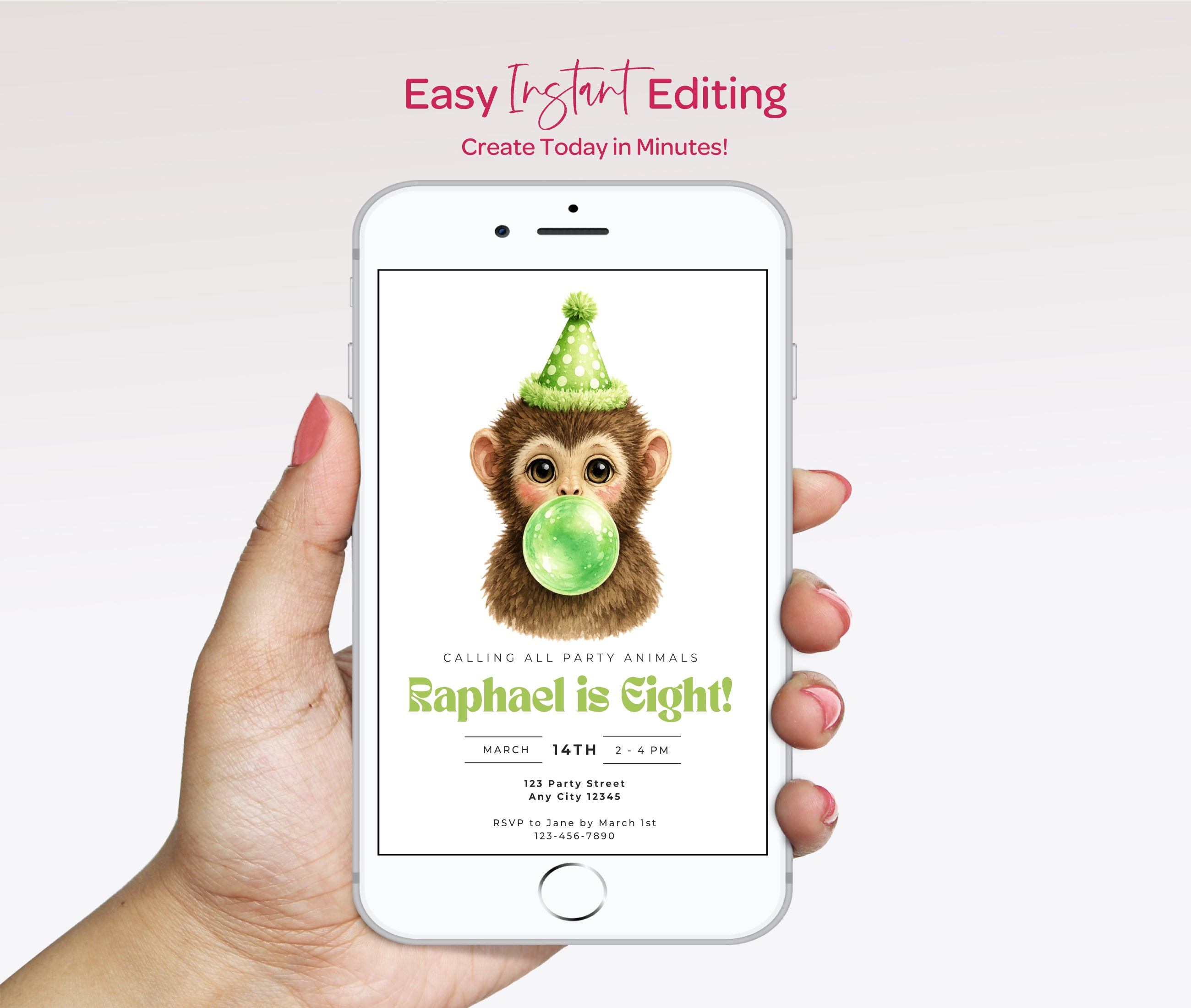 Kids Birthday Invitations: Baby Monkey Blowing Bubbles - Green