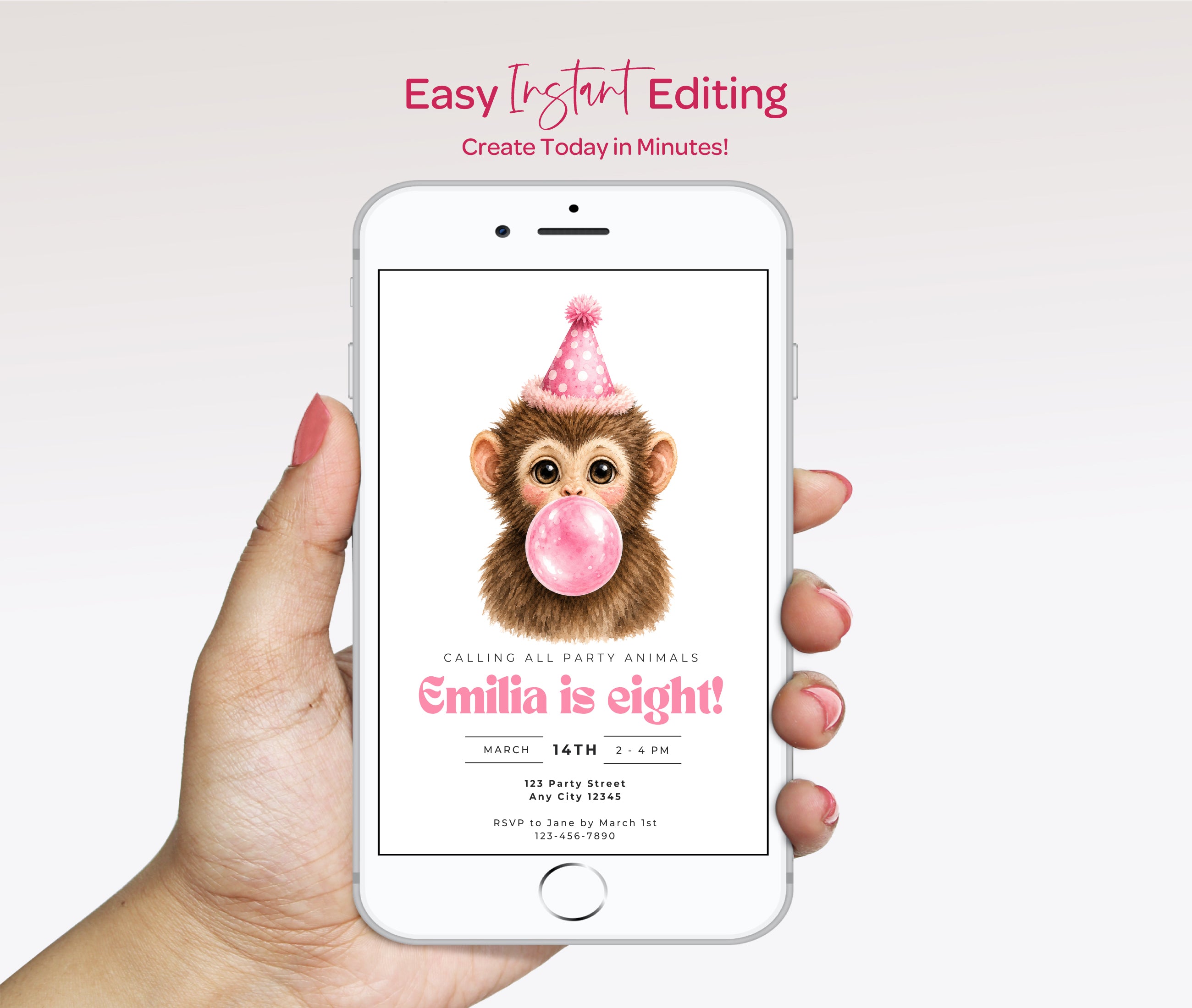 Kids Party Invitations: Baby Monkey Blowing Bubbles - Pink