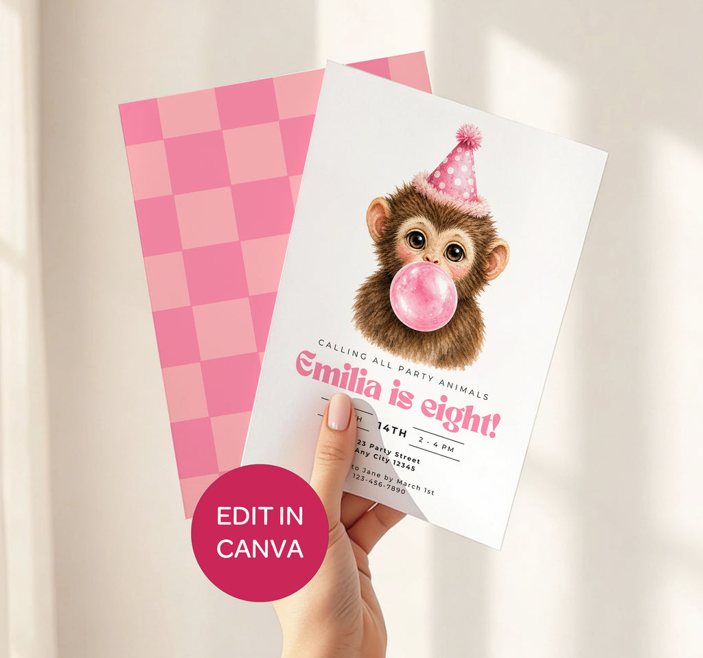 Kids Party Invitations: Baby Monkey Blowing Bubbles - Pink
