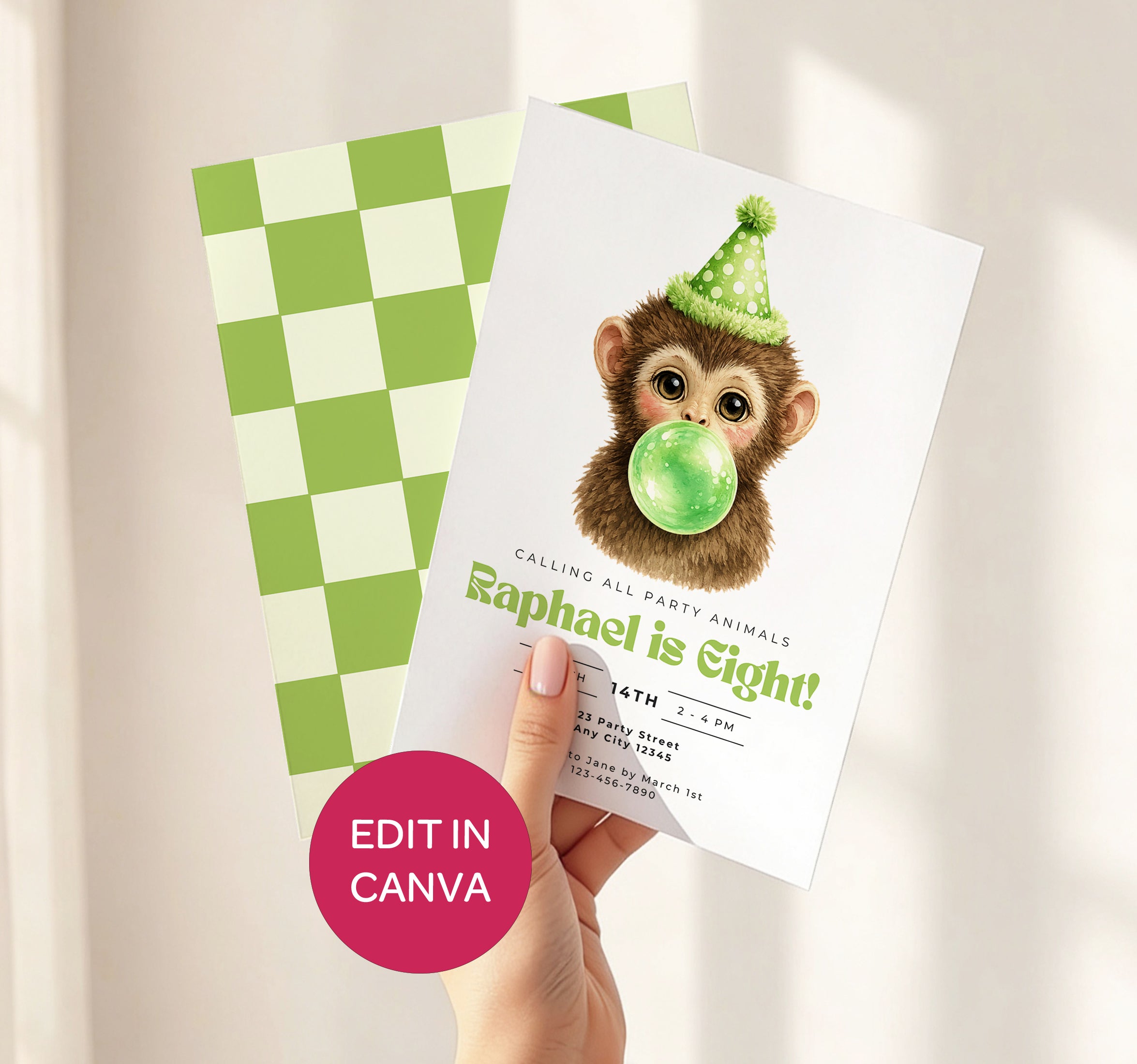 Kids Birthday Invitations: Baby Monkey Blowing Bubbles - Green