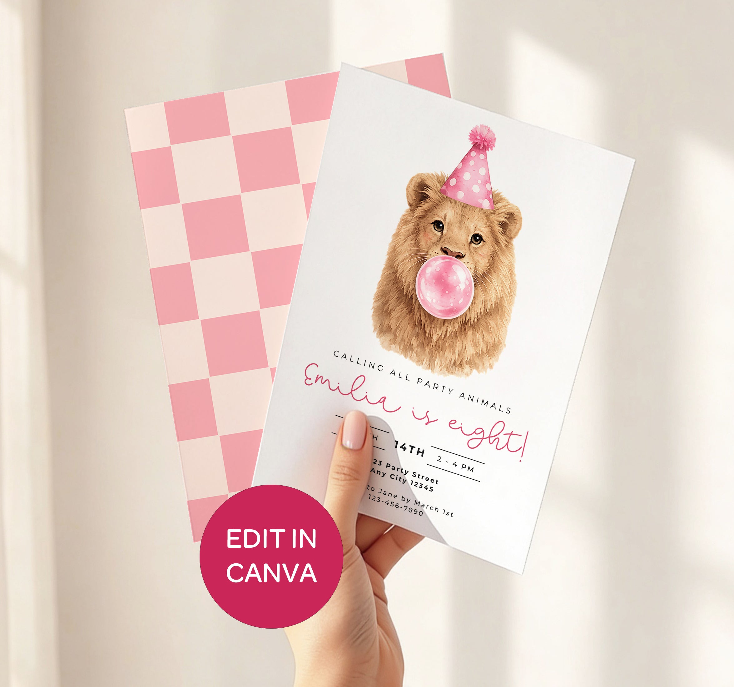 Kids Party Invitations: Cute Lion Blowing Bubbles - Pink
