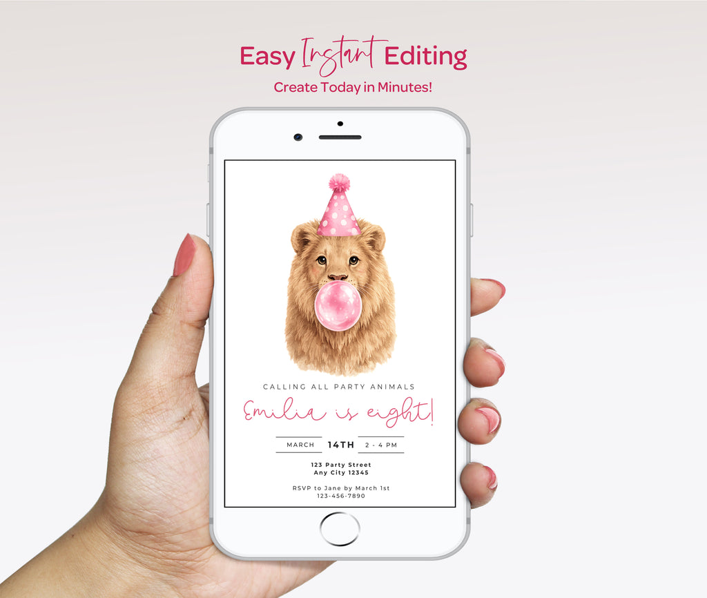 Kids Party Invitations: Cute Lion Blowing Bubbles - Pink