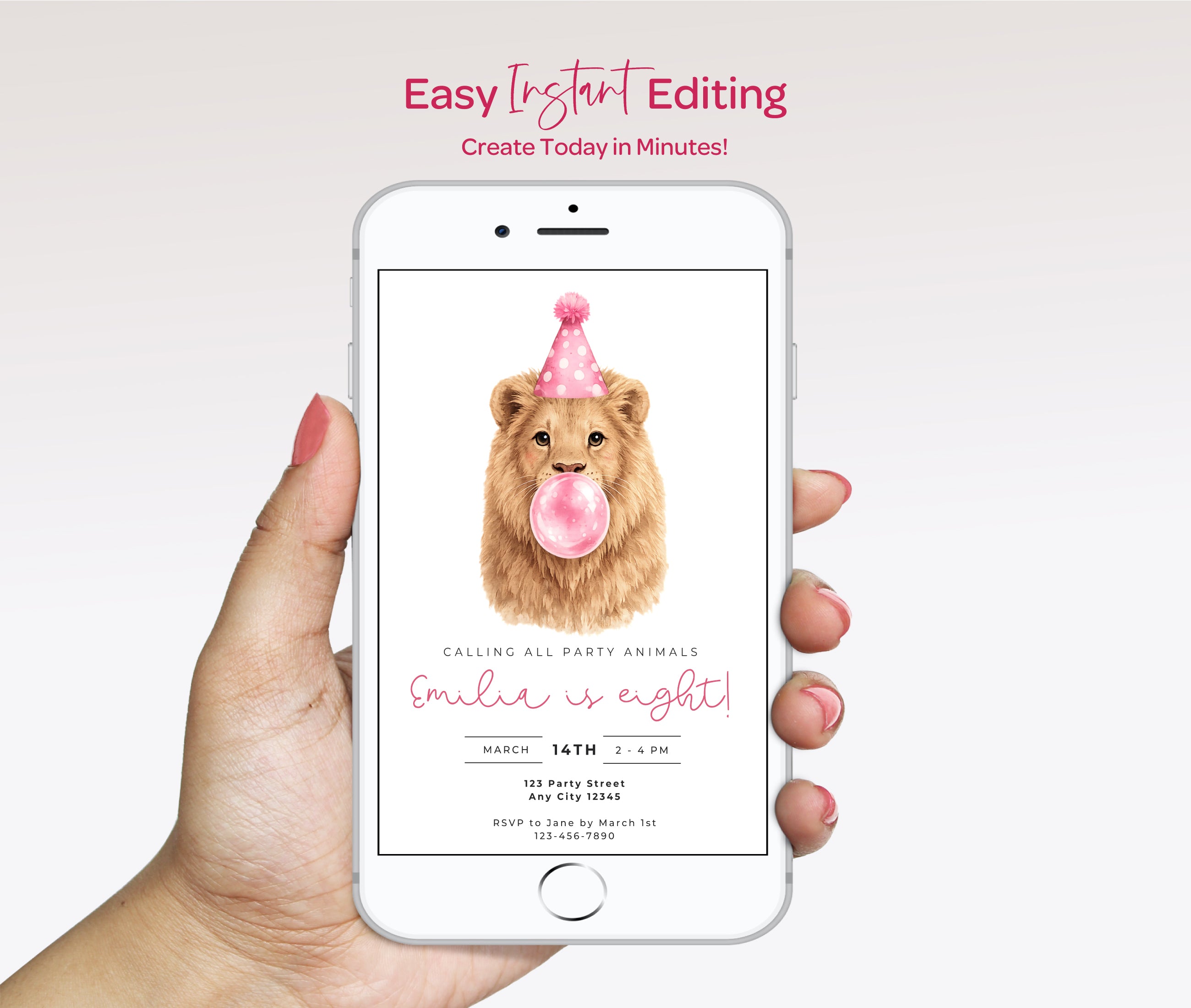 Kids Party Invitations: Cute Lion Blowing Bubbles - Pink