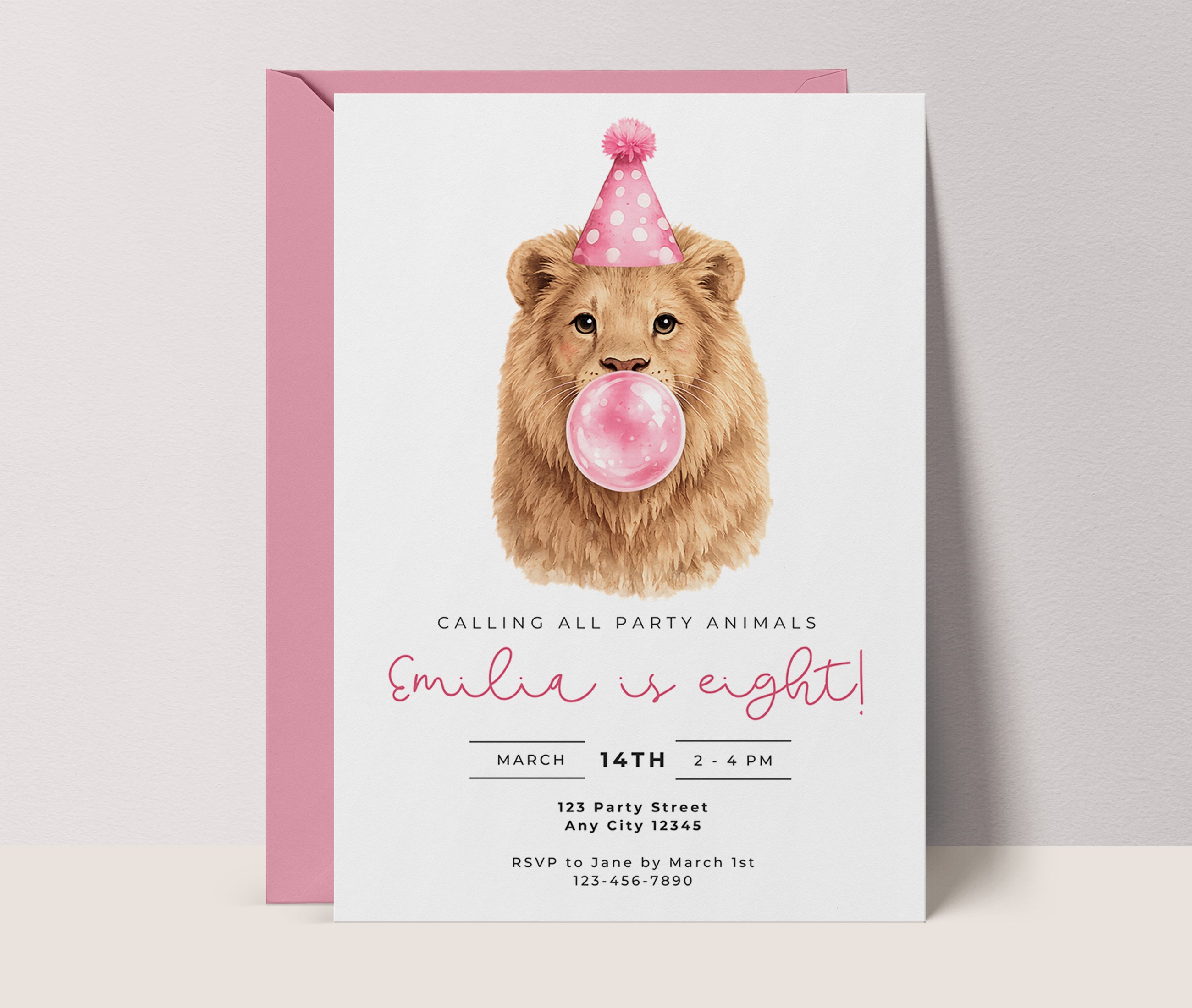 Kids Party Invitations: Cute Lion Blowing Bubbles - Pink