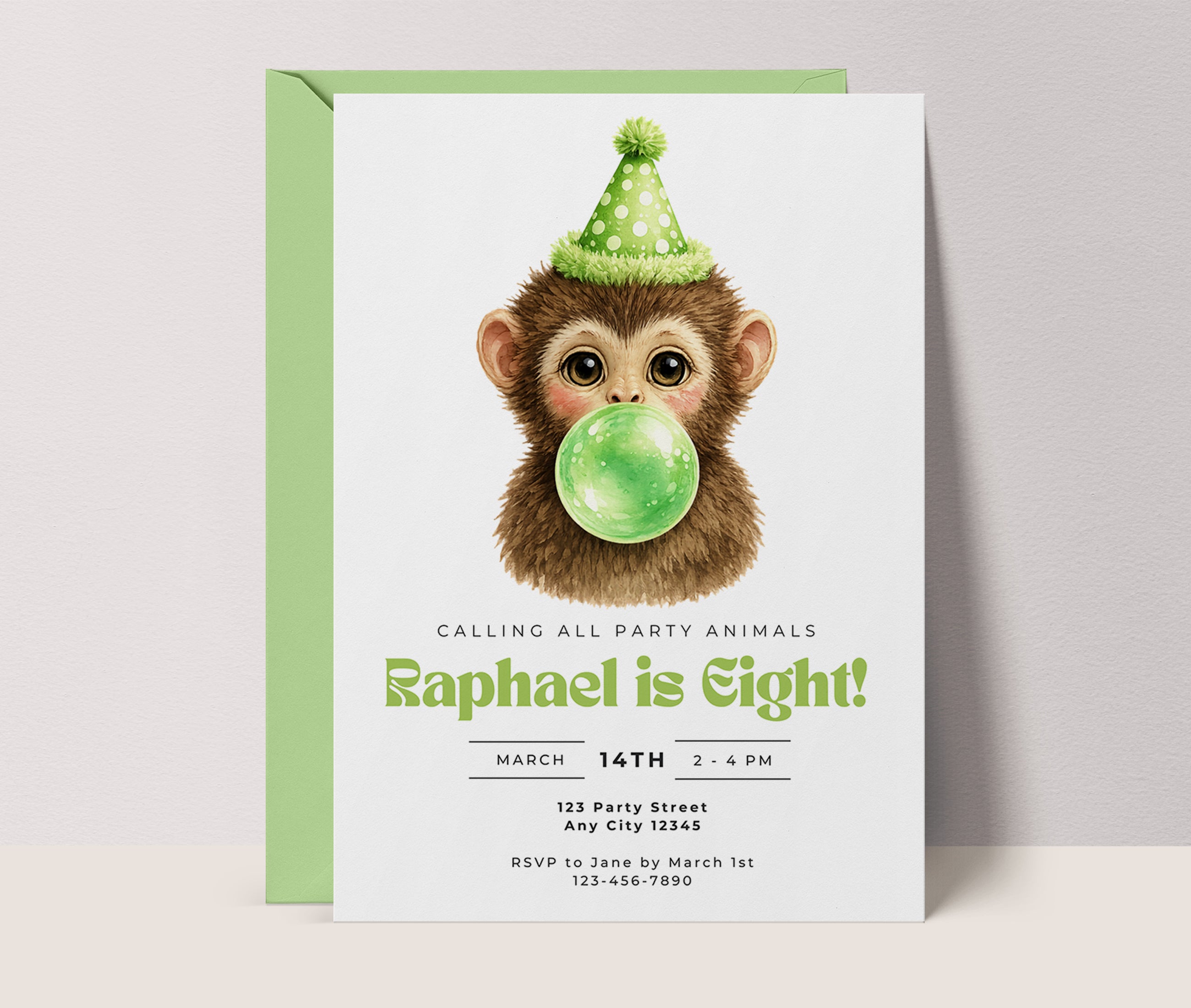 Kids Birthday Invitations: Baby Monkey Blowing Bubbles - Green