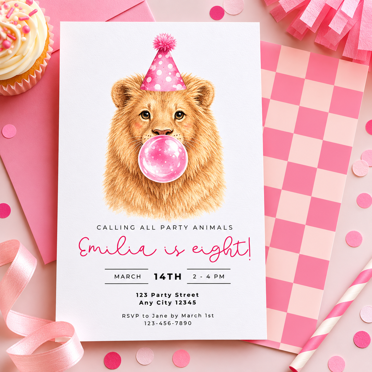 Kids Party Invitations: Cute Lion Blowing Bubbles - Pink