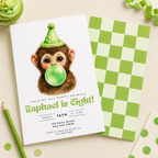 Kids Birthday Invitations: Baby Monkey Blowing Bubbles - Green