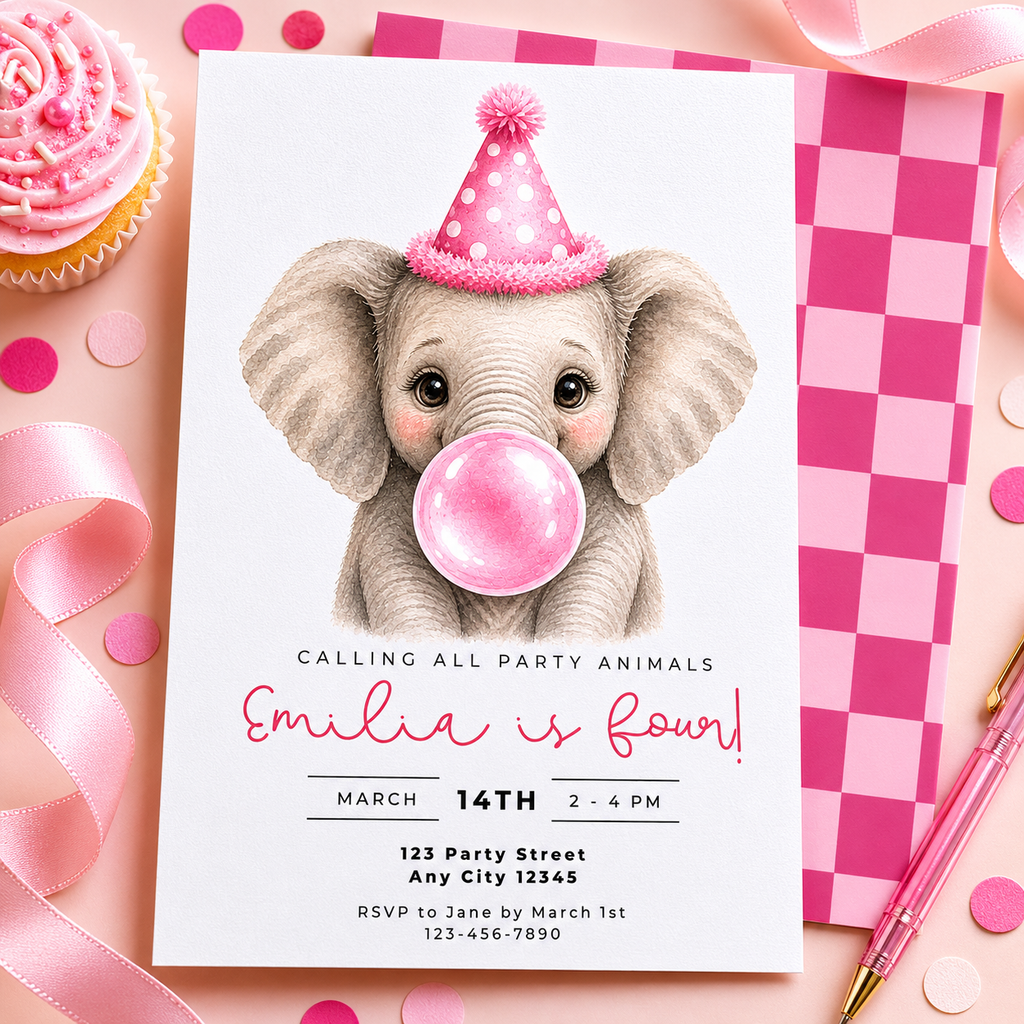 Baby Elephant Blowing Bubbles - Pink Kids Party Animals Invitation