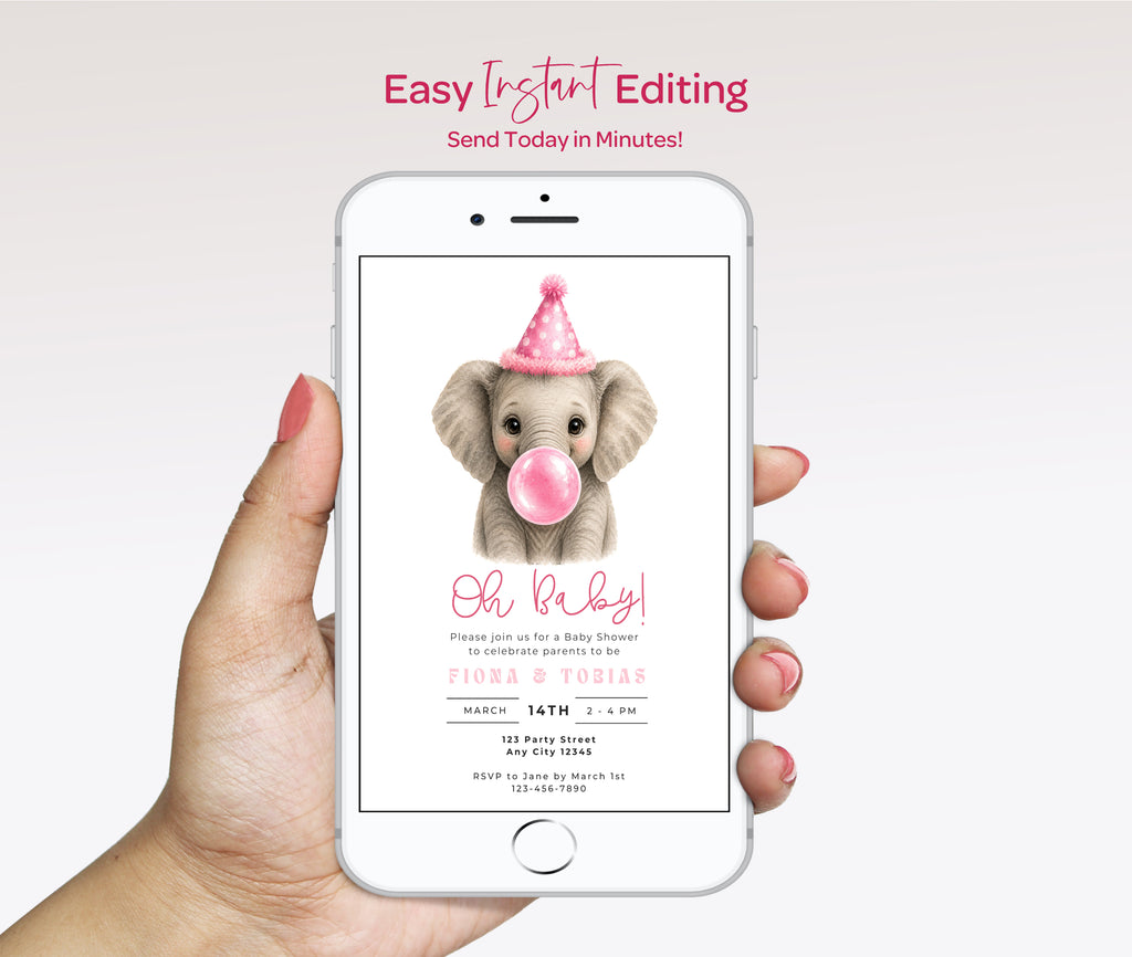 Baby Shower Invitations: Elephant Blowing Pink Bubble