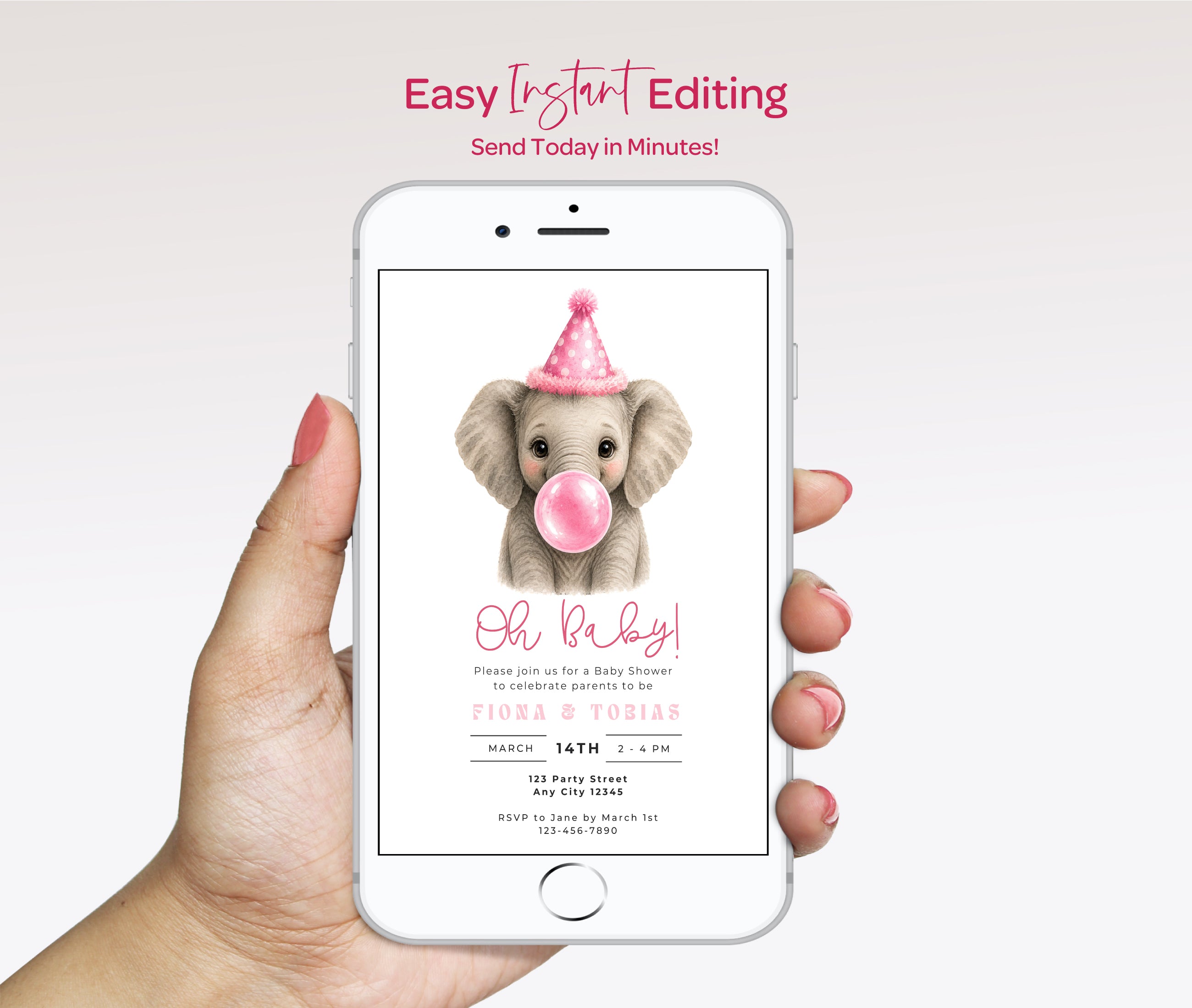 Baby Shower Invitations: Elephant Blowing Pink Bubble