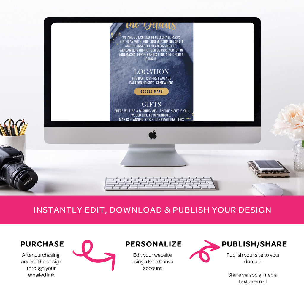 40th Birthday Phone Invitation with RSVP + Countdown Timer: Golden Luxe Blue