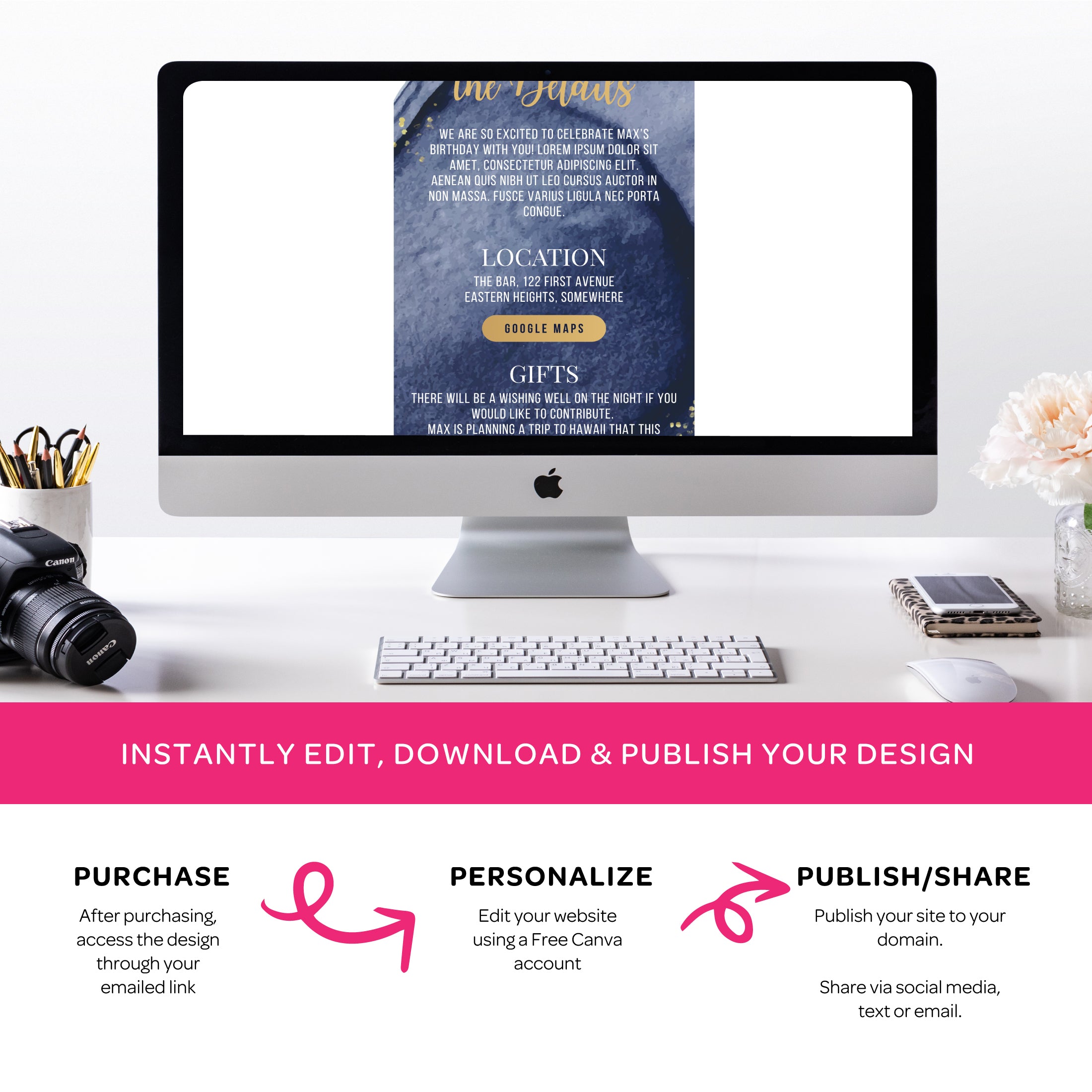 40th Birthday Phone Invitation with RSVP + Countdown Timer: Golden Luxe Blue