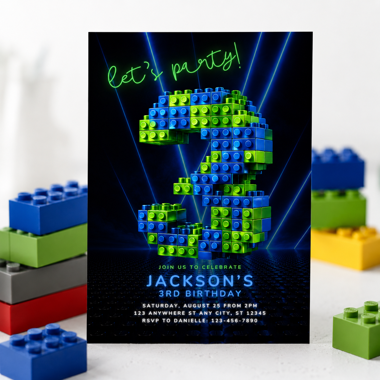Lego 3 Neon Birthday Invitation