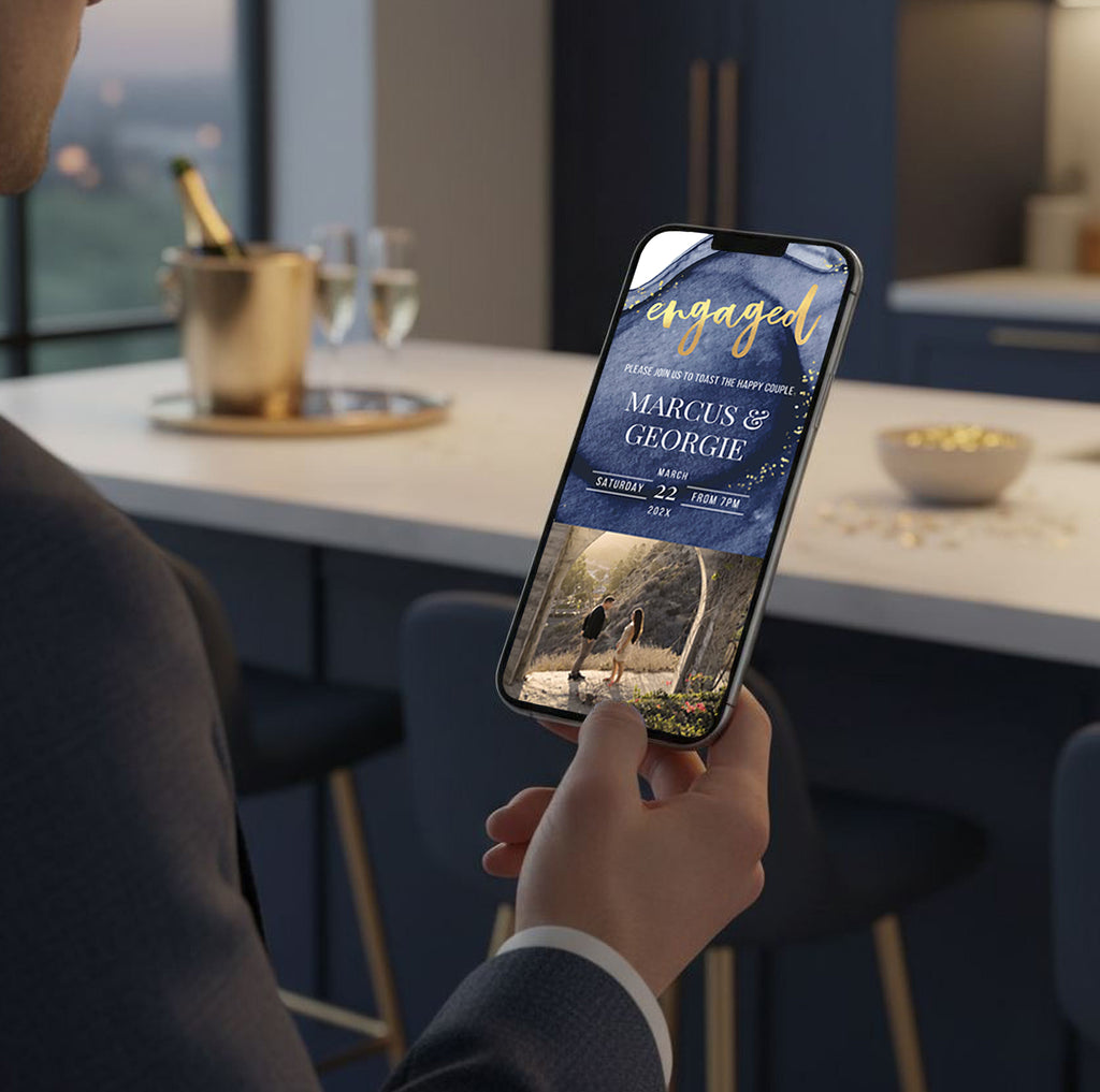 Engagement Invitation Phone with RSVP + Countdown Timer: Golden Luxe Blue
