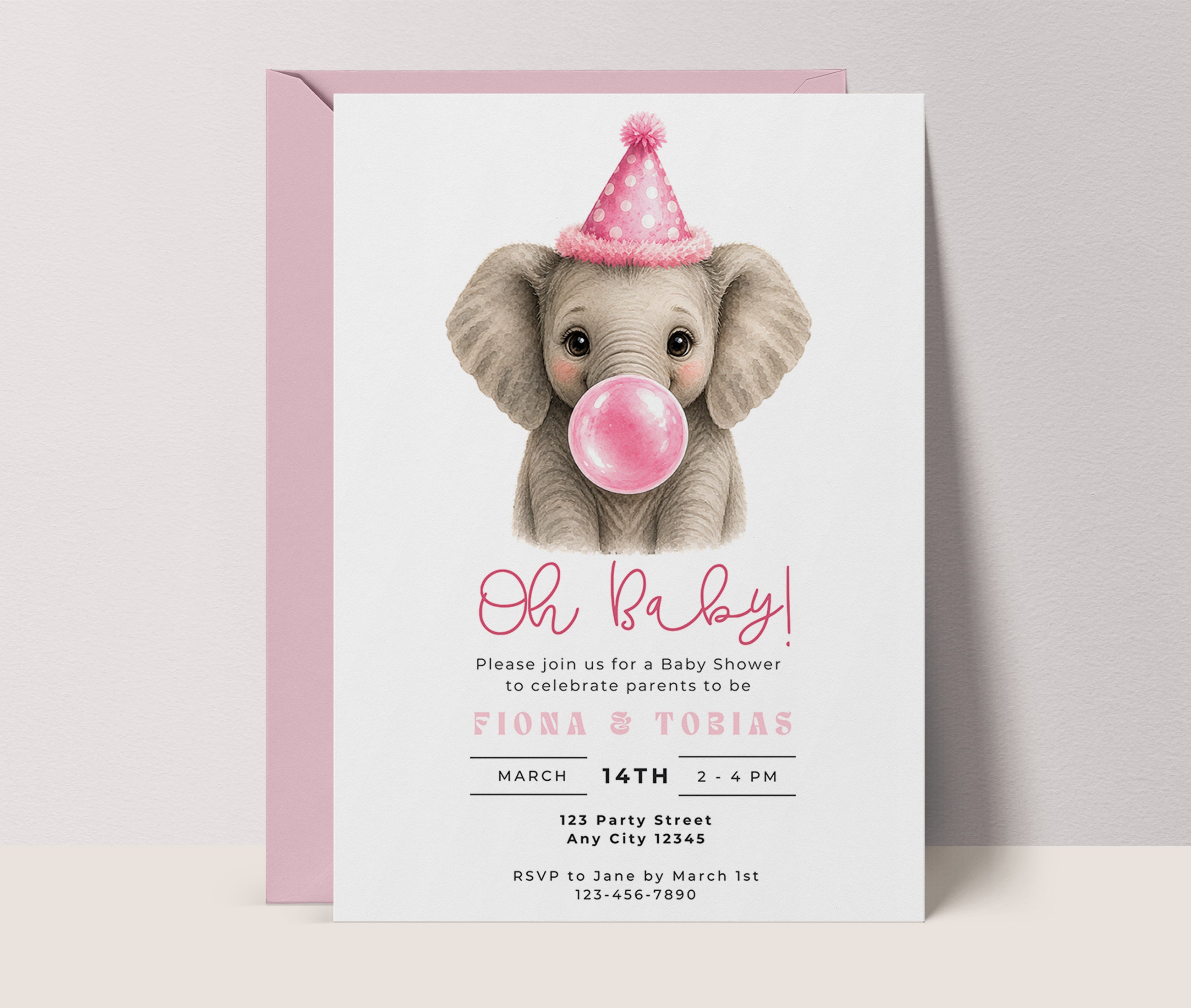 Baby Shower Invitations: Elephant Blowing Pink Bubble