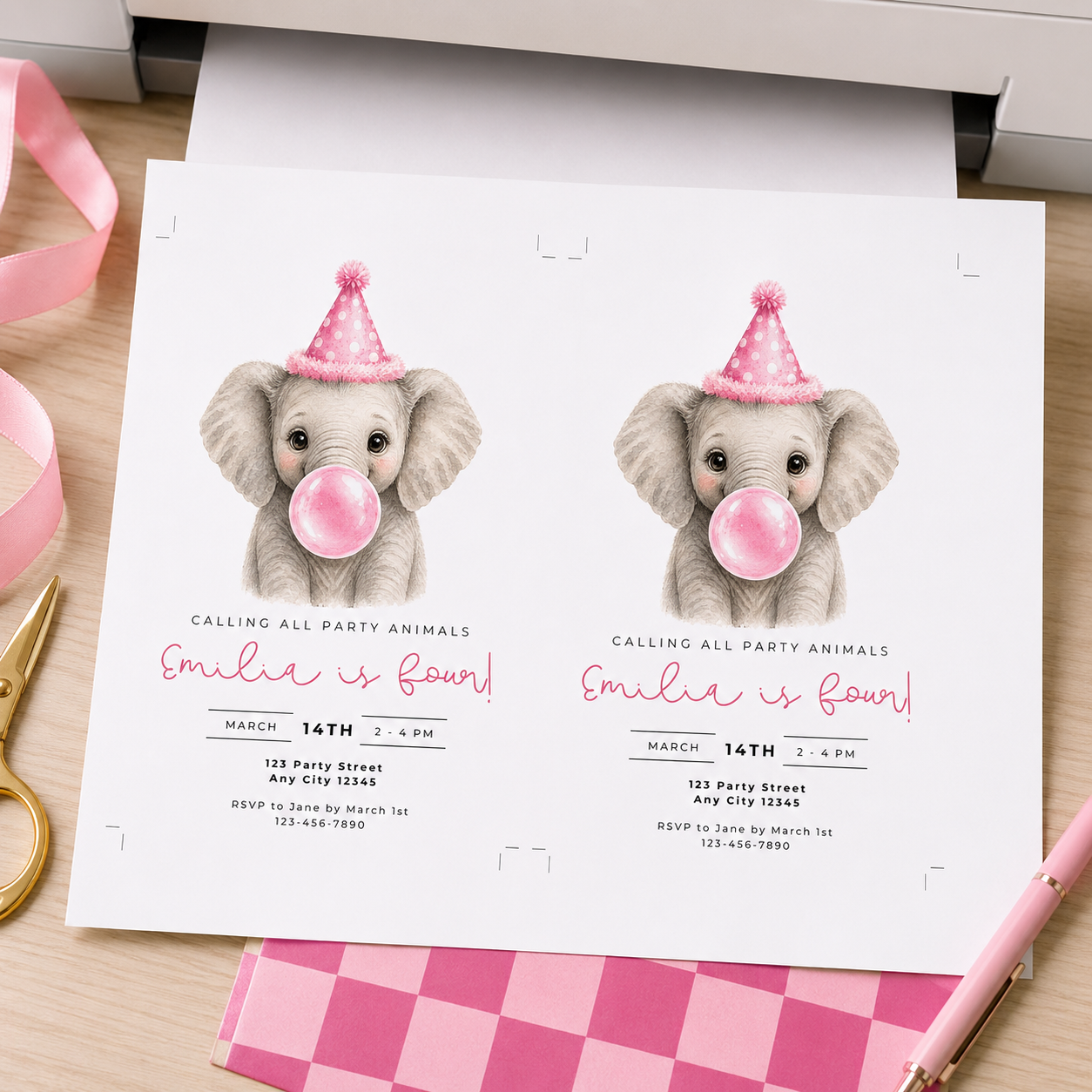 Baby Elephant Blowing Bubbles - Pink Kids Party Animals Invitation