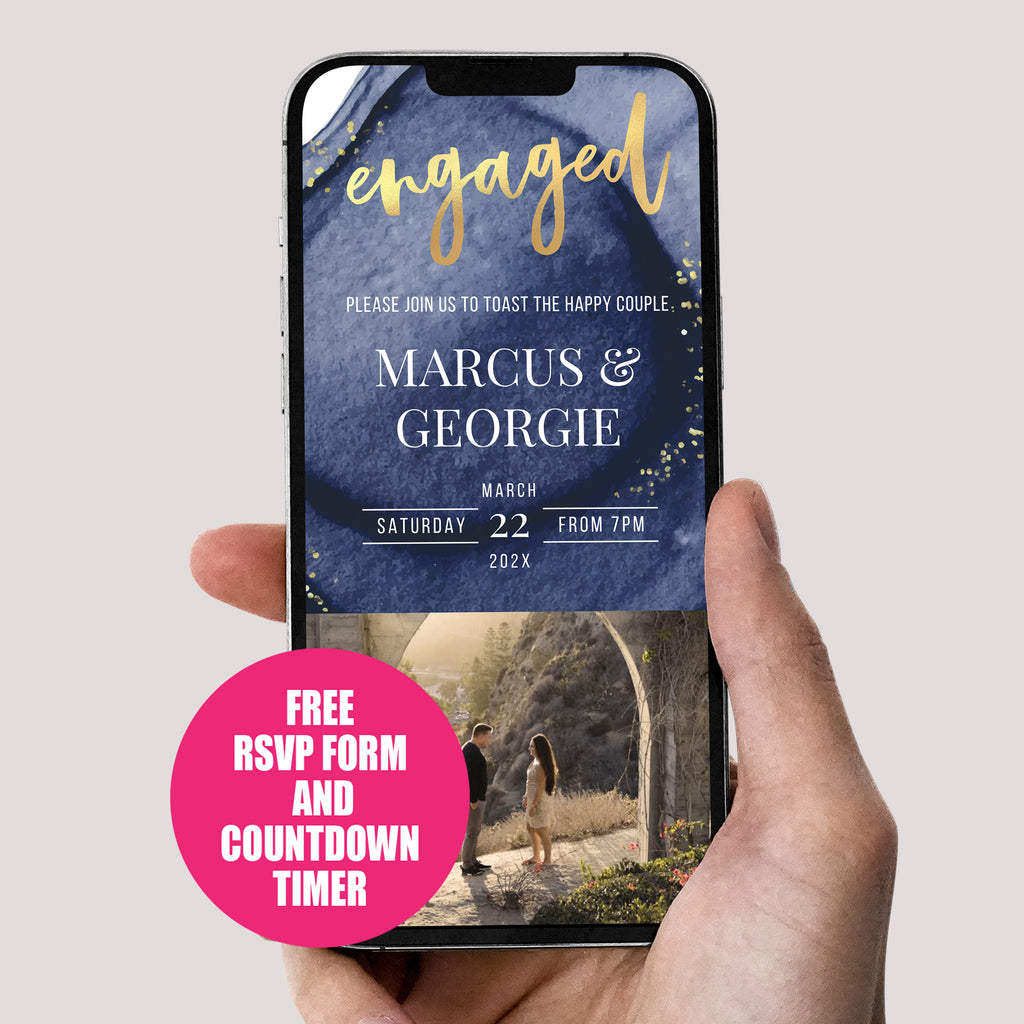 Engagement Invitation Phone with RSVP + Countdown Timer: Golden Luxe Blue