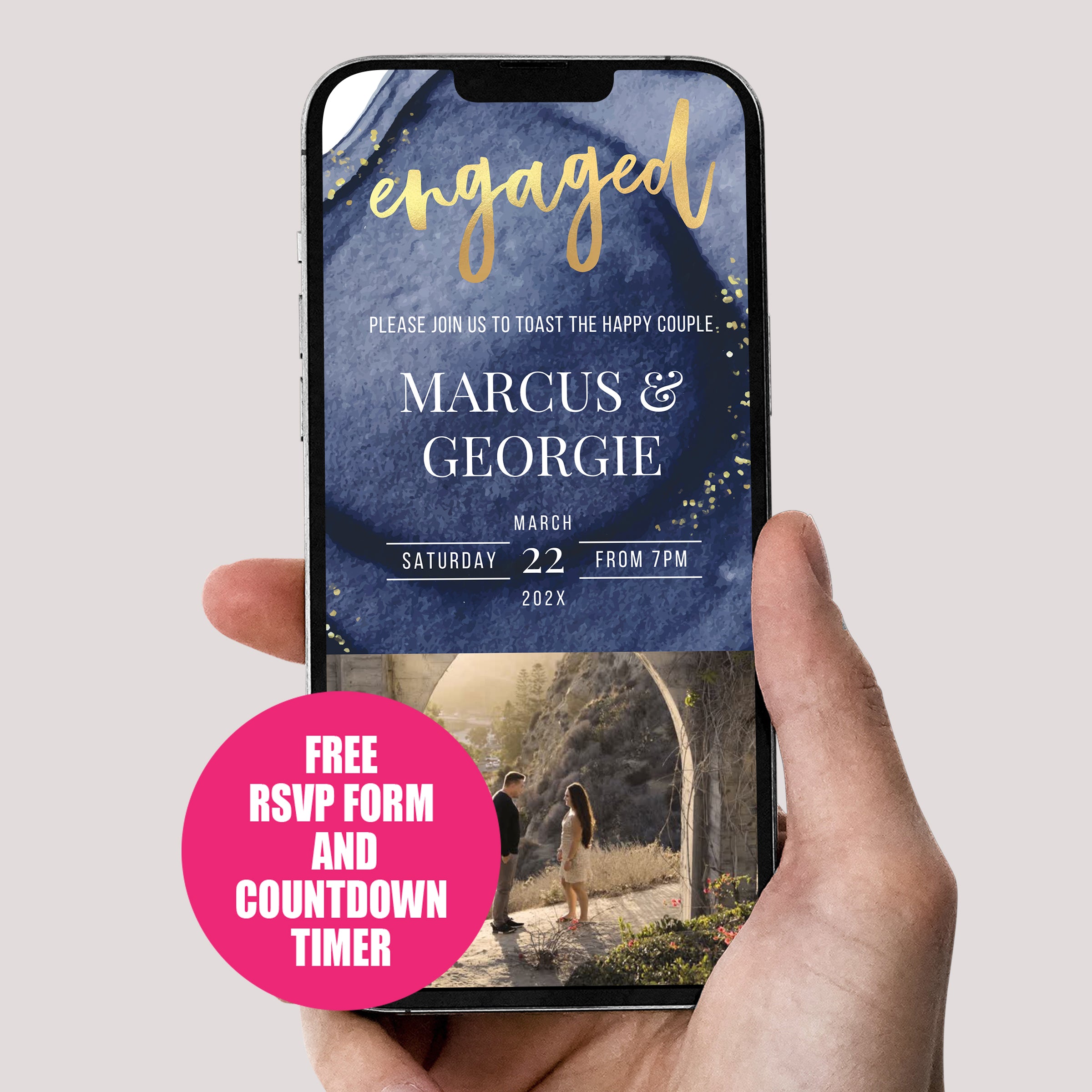 Engagement Invitation Phone with RSVP + Countdown Timer: Golden Luxe Blue