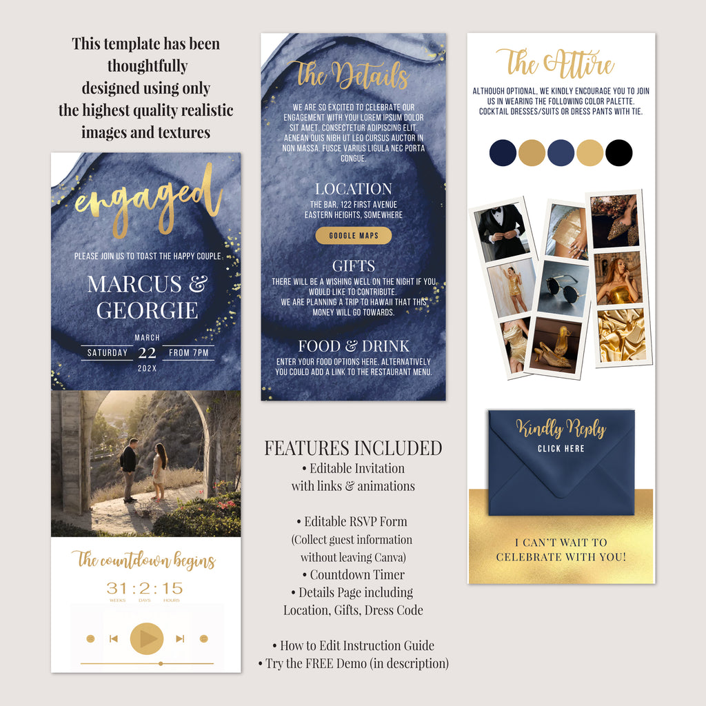 Engagement Invitation Phone with RSVP + Countdown Timer: Golden Luxe Blue